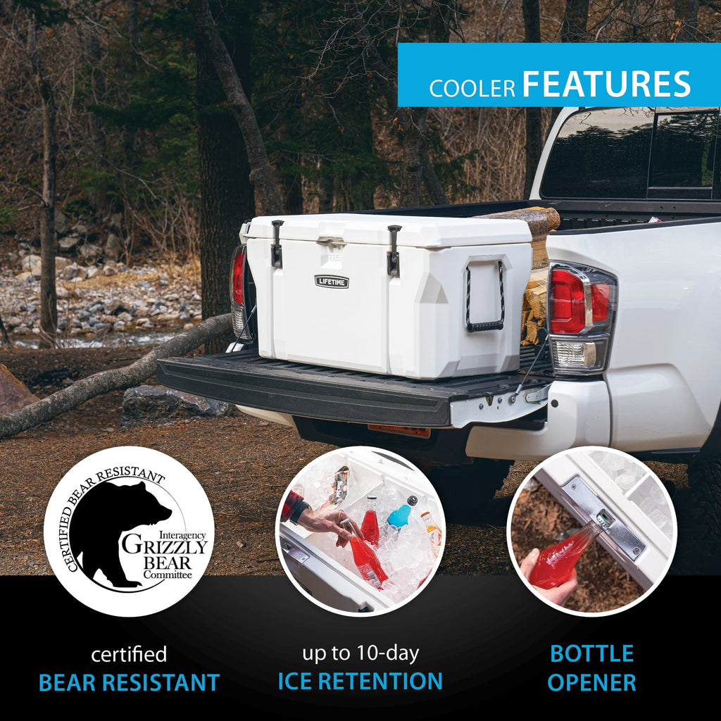 Lifetime 65 qt Bear-Resistant Camping Cooler, Premium High Performance, Ice Retention, Hard Cooler, 75 Can Capacity, Arctic White (91108)