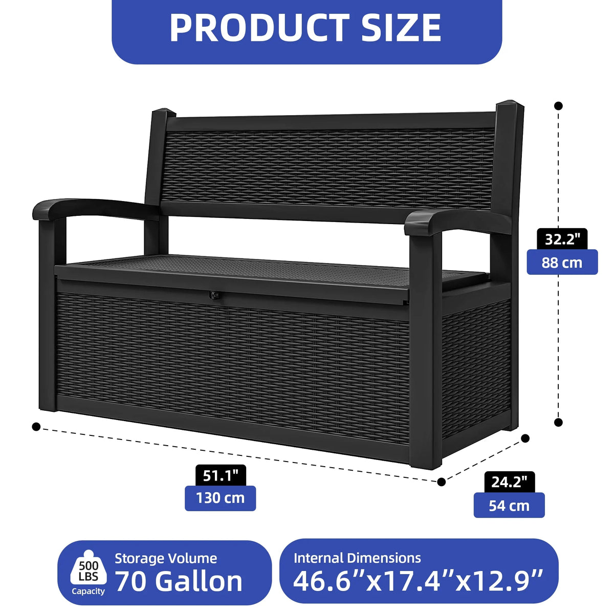 2026 NewModFusion 70-Gallon Outdoor Resin Storage Cabinet with Rattan Backrest – Waterproof Patio Bench Seat, 500 lbs Capacity, Black