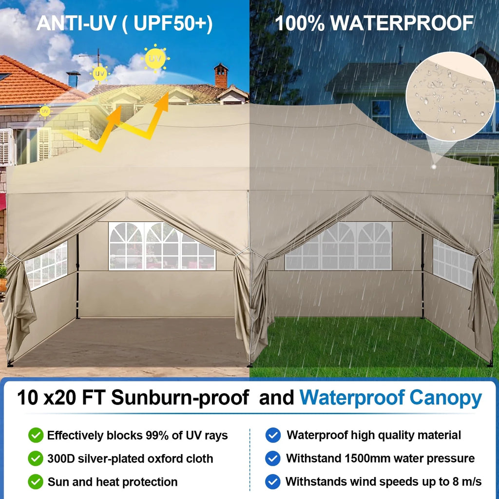 10'x20' Pop Up Canopy Waterproof Folding Tent Outdoor Easy Set-up Instant Tent Heavy Duty Commercial Wedding Party Shelter with 6 Removable Sidewalls, 4 Sandbags, Roller Bag, Khaki