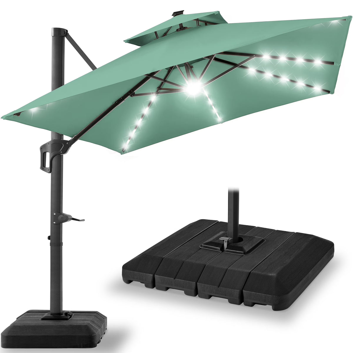 2026 NewBest Choice Products 10x10ft 2-Tier Square Outdoor Solar LED Cantilever Patio Umbrella w/ Base Included - Tan