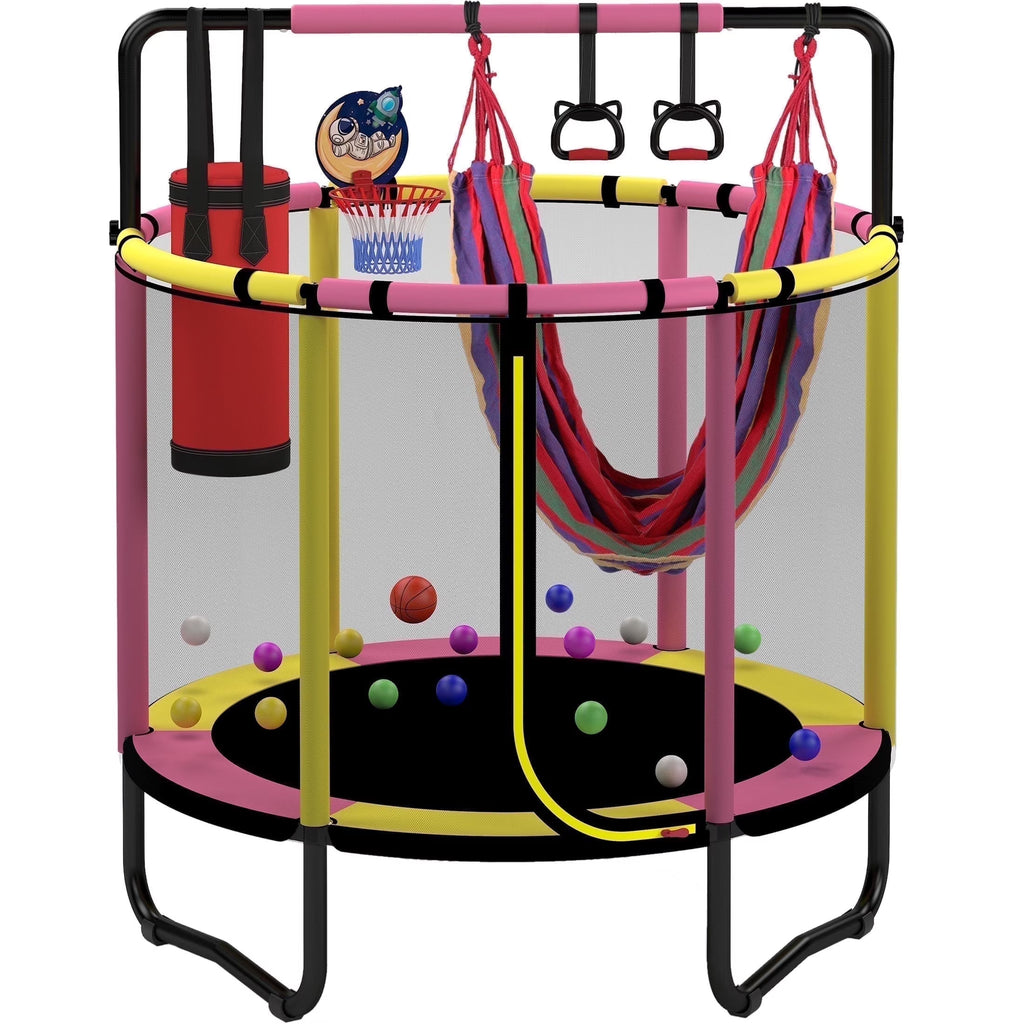 2026 NewMini Round Trampoline for Kids with Basketball Hoop, SEGMART 55'' Indoor Outdoor Toddler Trampoline with Enclosure Net, Swing, Sandbag, Ring, Ocean Balls, Small Trampoline Gift for Boys Girls, Blue
