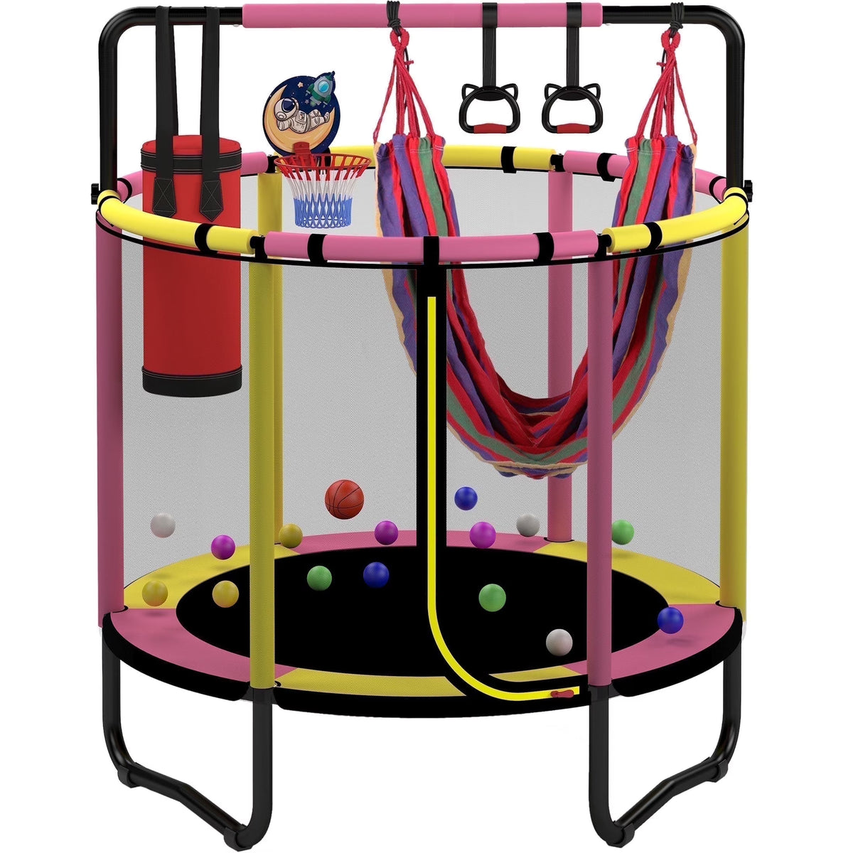2026 NewMini Round Trampoline for Kids with Basketball Hoop, SEGMART 55'' Indoor Outdoor Toddler Trampoline with Enclosure Net, Swing, Sandbag, Ring, Ocean Balls, Small Trampoline Gift for Boys Girls, Blue