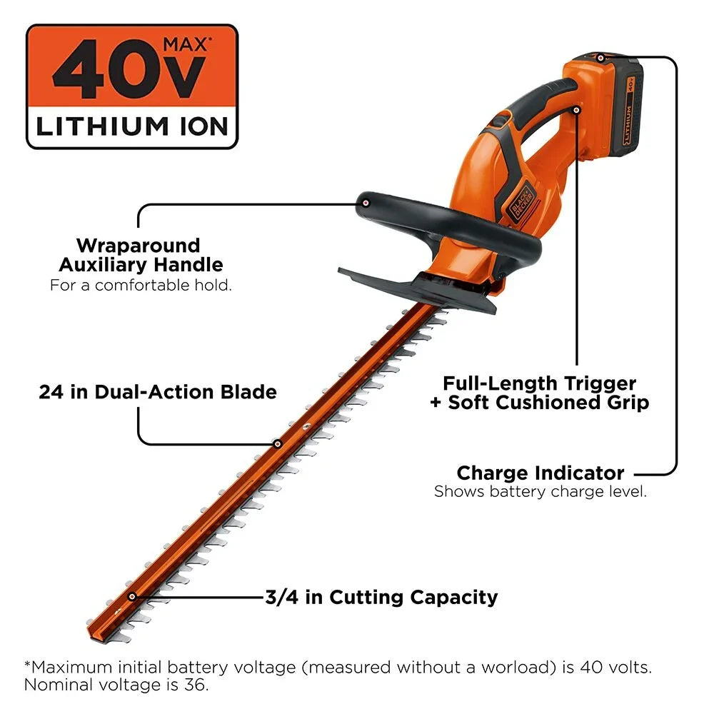 2026 NewBLACK+DECKER 40V MAX* Cordless Hedge Trimmer, 24-Inch, (LHT2436)