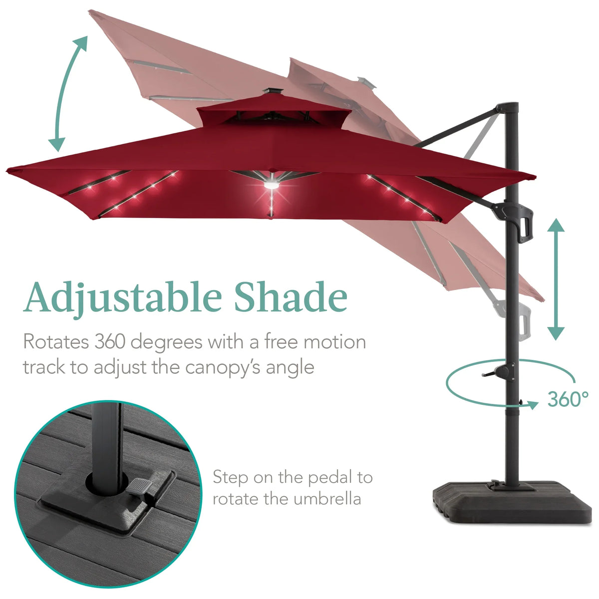 2026 NewBest Choice Products 10x10ft 2-Tier Square Outdoor Solar LED Cantilever Patio Umbrella w/ Base Included - Tan