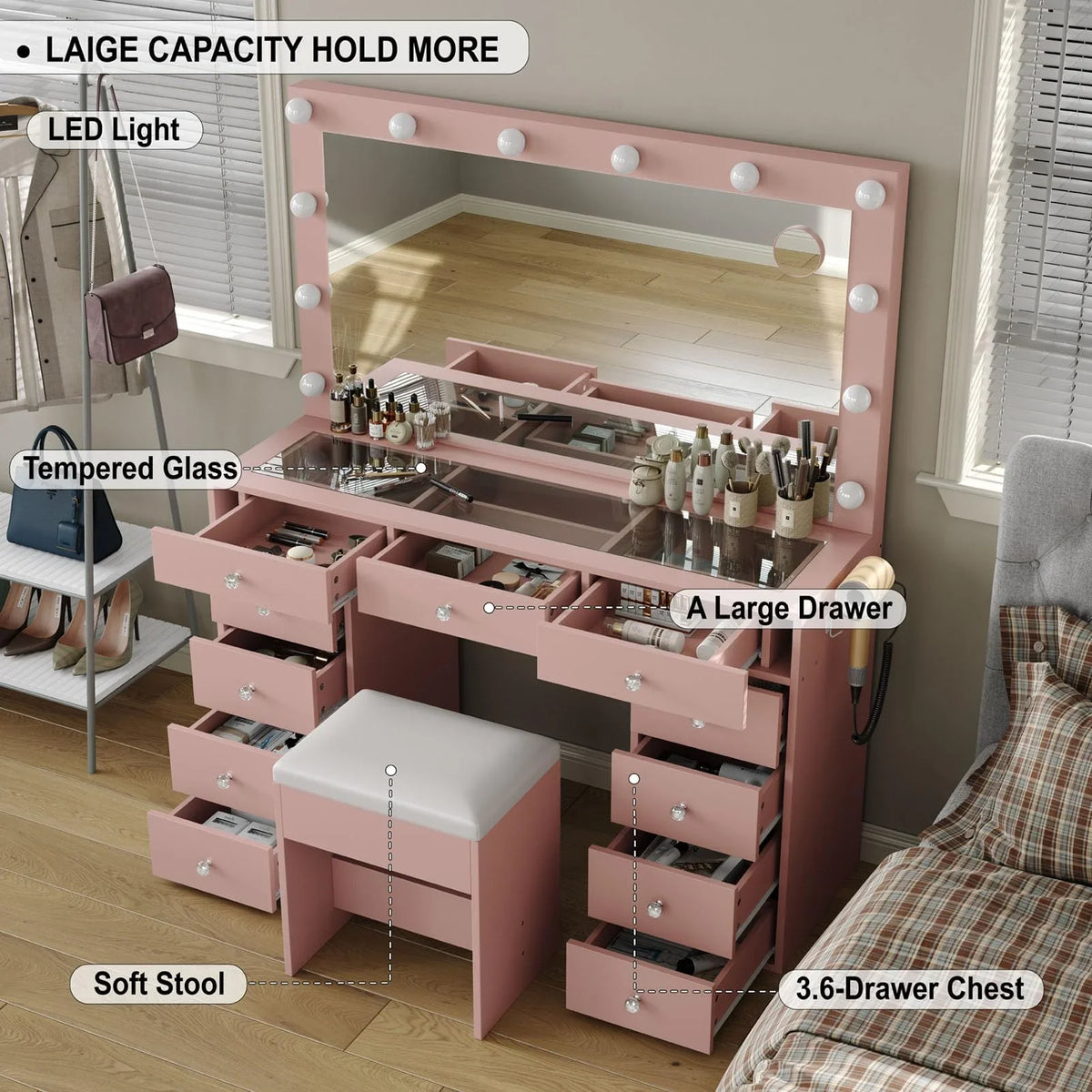 2026 NewWhite Vanity Desk with Illuminated Mirror & Power Outlet, 11 Drawers Vanity Table with Chair, Makeup Vanity with 12 LED Lights, Tempered Glass Top, Dressing Table for Bedroom,Dressing Room