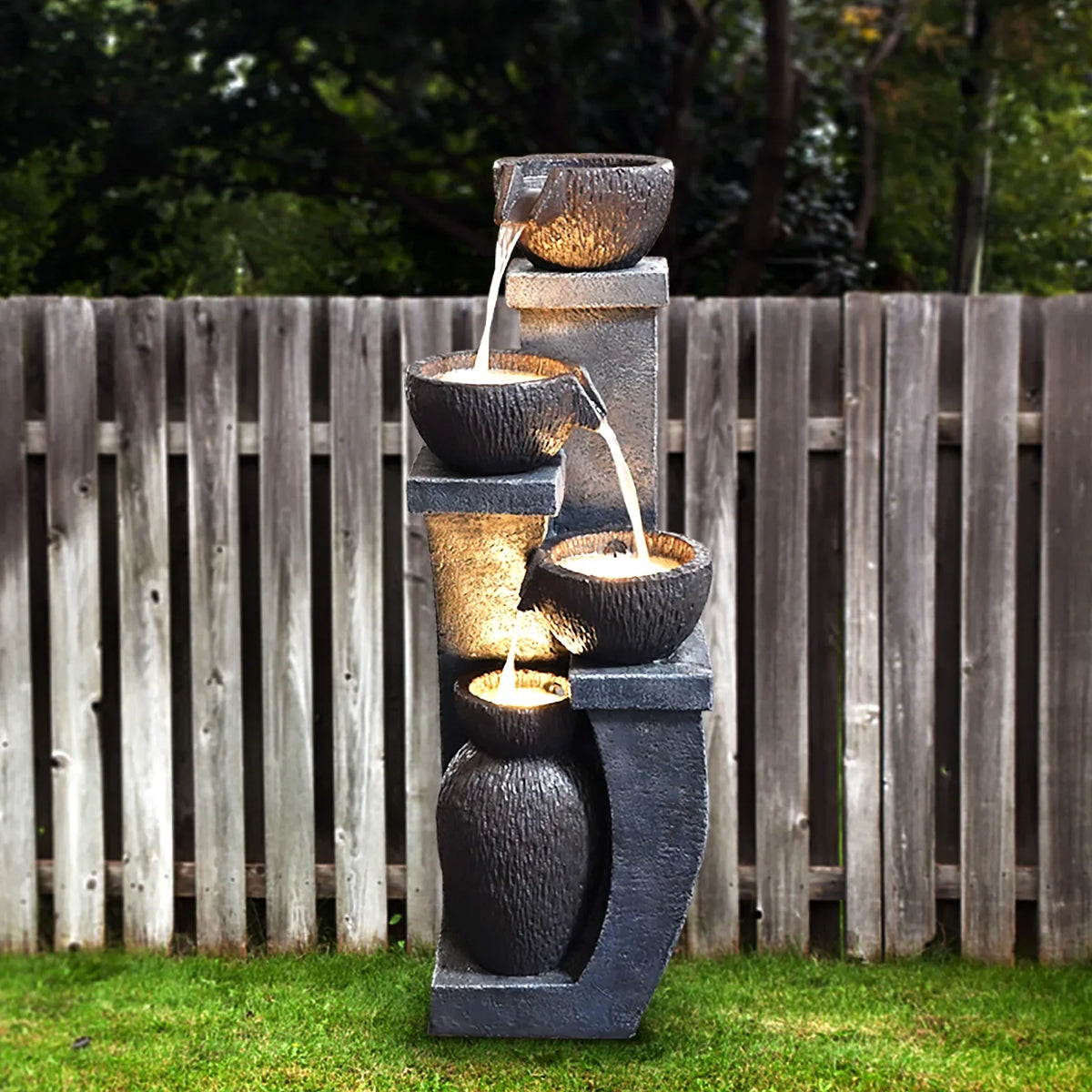 2026 New37.4" H Outdoor Water Fountain with 4 Crocks, Modern LED Lighted Garden Floor Fountain for Patios and Yards – Durable Resin Water Feature with Cascading Waterfall Design for Indoor/Outdoor Decor