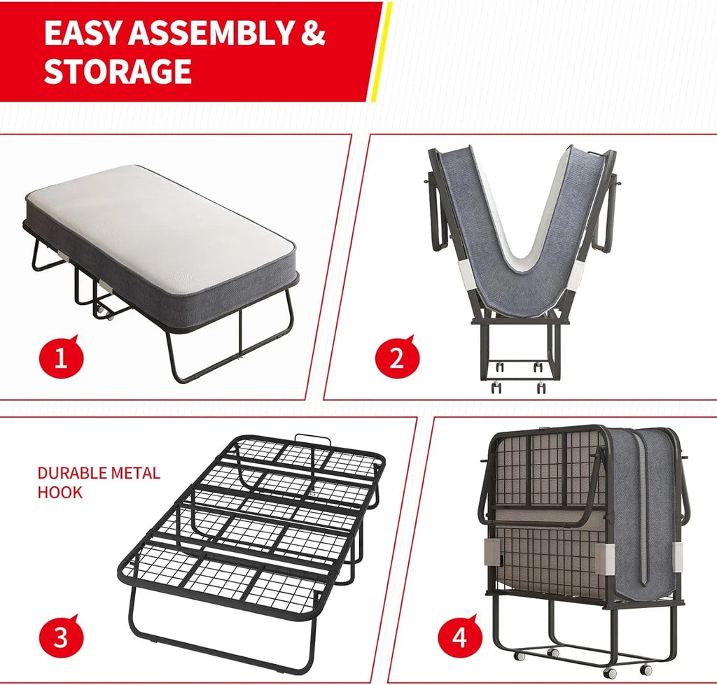 2026 NewPuremind Folding Bed with 4 Inch Foam Mattress, 75" x 31" Rollaway Bed for Adults, Portable Bed with Lockable Wheels, Easy Assembly & Moving, Standard