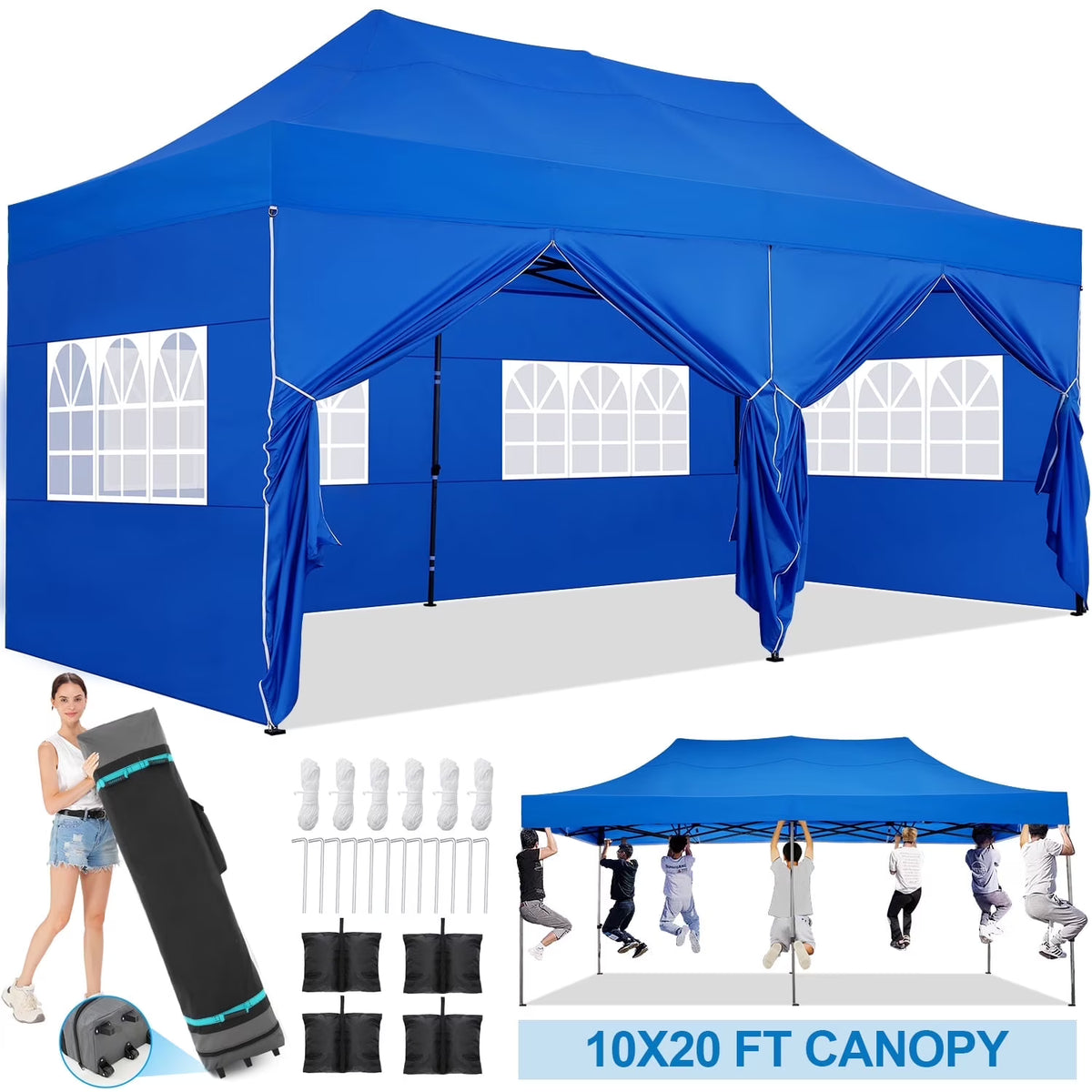 SANOPY 10'x20' Pop Up Canopy Waterproof Folding Tent Outdoor Easy Set-up Instant Tent Heavy Duty Commercial Wedding Party Shelter with 6 Removable Sidewalls, 4 Sandbags, Roller Bag, Black