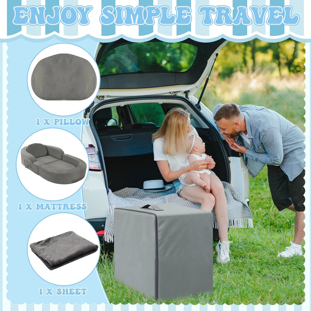 2026 NewCoumy Toddler Travel Bed 2-in-1 Kids Sofa Chair with Removable Cover, Soft Foam Portable Foldable Toddler Bed for Travel with Carrying Bag, Blue