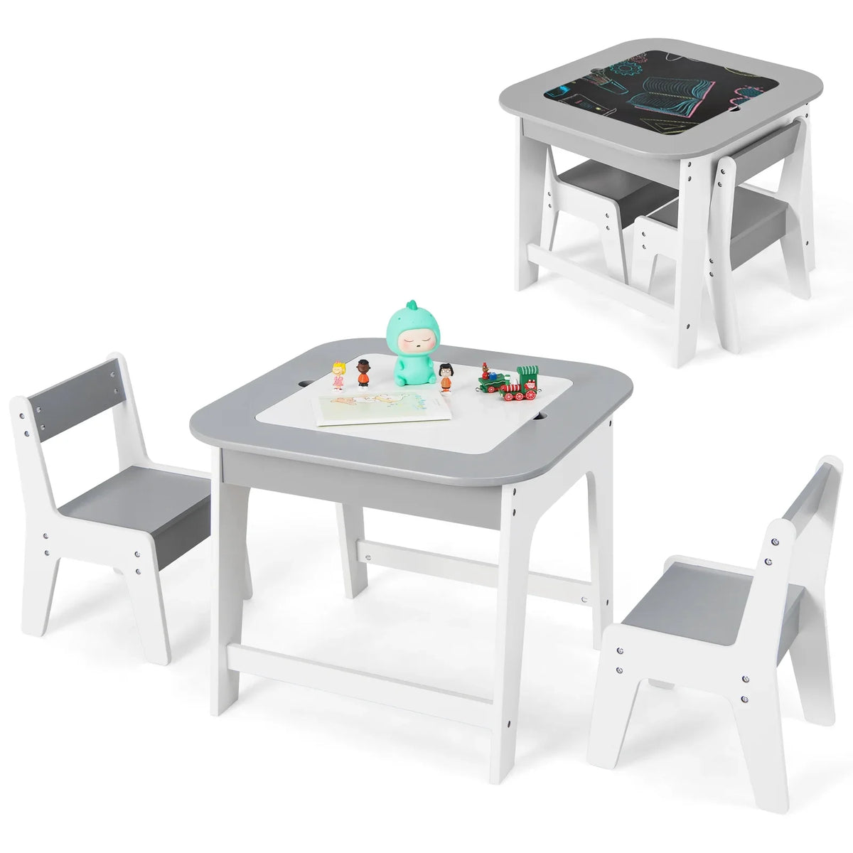 2026 NewOLAKIDS Kids Table and Chair Set, 3 in 1 Wooden Activity Table with Removable Tabletop, Blackboard and Whiteboard for Toddlers Arts Crafts Drawing Reading Playing, Playroom Nursery (Natural)