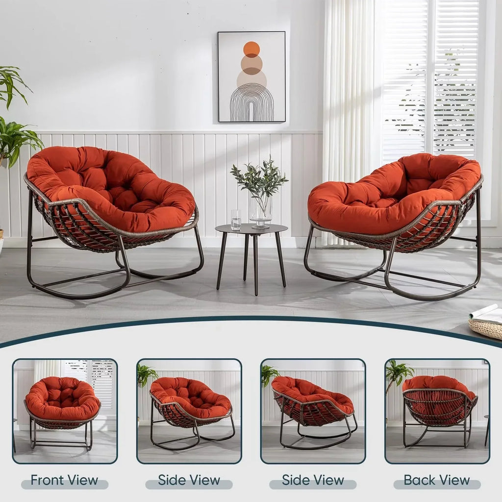 2026 NewOutdoor Papasan Rocking Chair, Patio Oversized Wicker Egg Rocking Chair, Indoor & Outdoor Comfy Rocker Chair with Thick Cushion, Modern Lounge Chair for Front Porch, Garden, Backyard, Grey