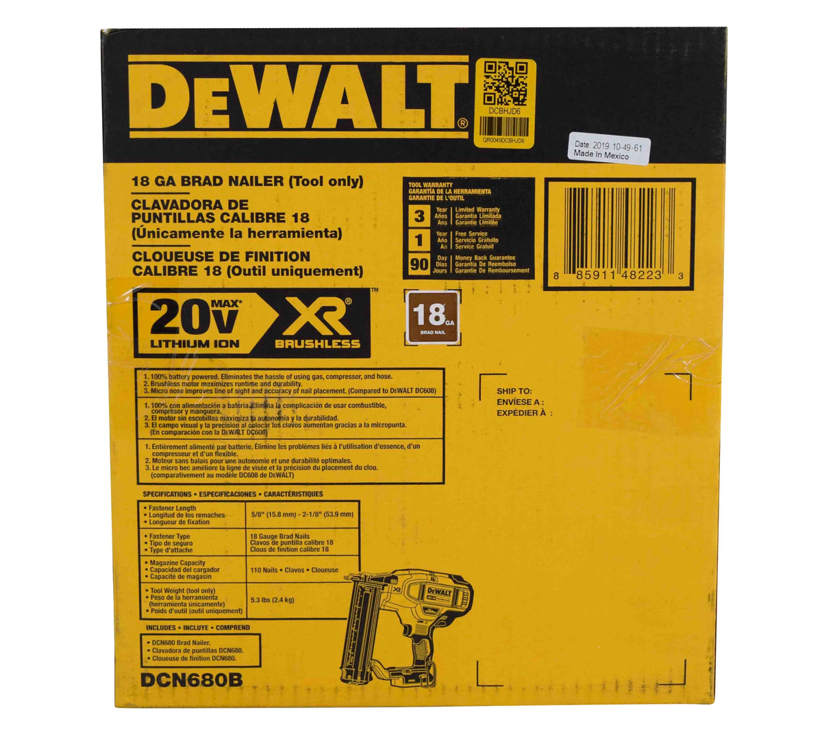 DEWALT DCN680B 20V MAX 18-Gauge Cordless Brad Nailer -C Brushless Motor, Tool-Free Adjustments (Bare Tool)