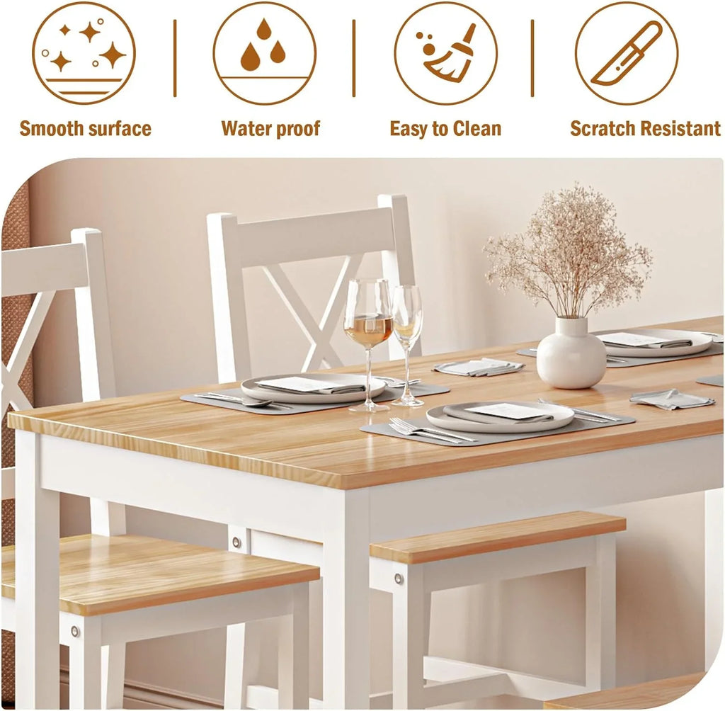2026 NewSoges 5 Pieces Dining Table Set, Pine Wood Kitchen Dining Table with 4 Chairs, Wood Rectangular kitchen table and chairs for 4, Small Dining Set for Bar Dining Room Breakfast Nook, White and Gray