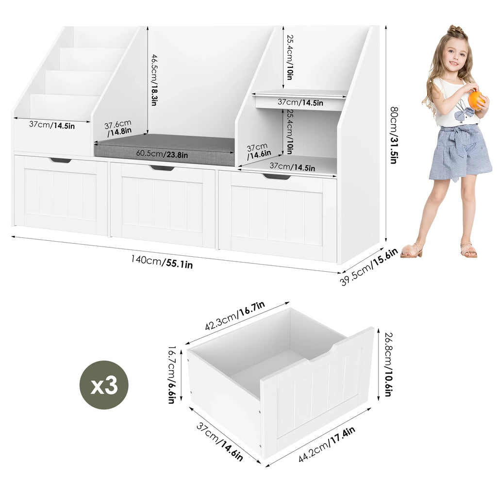 2026 NewHomfa Kids Bookshelf with Reading Nook & 3 Movable Drawers, 2 Cube Bookcase with 4-Tier Book Racks, Toy Storage Organizer for Playroom Bedroom, White