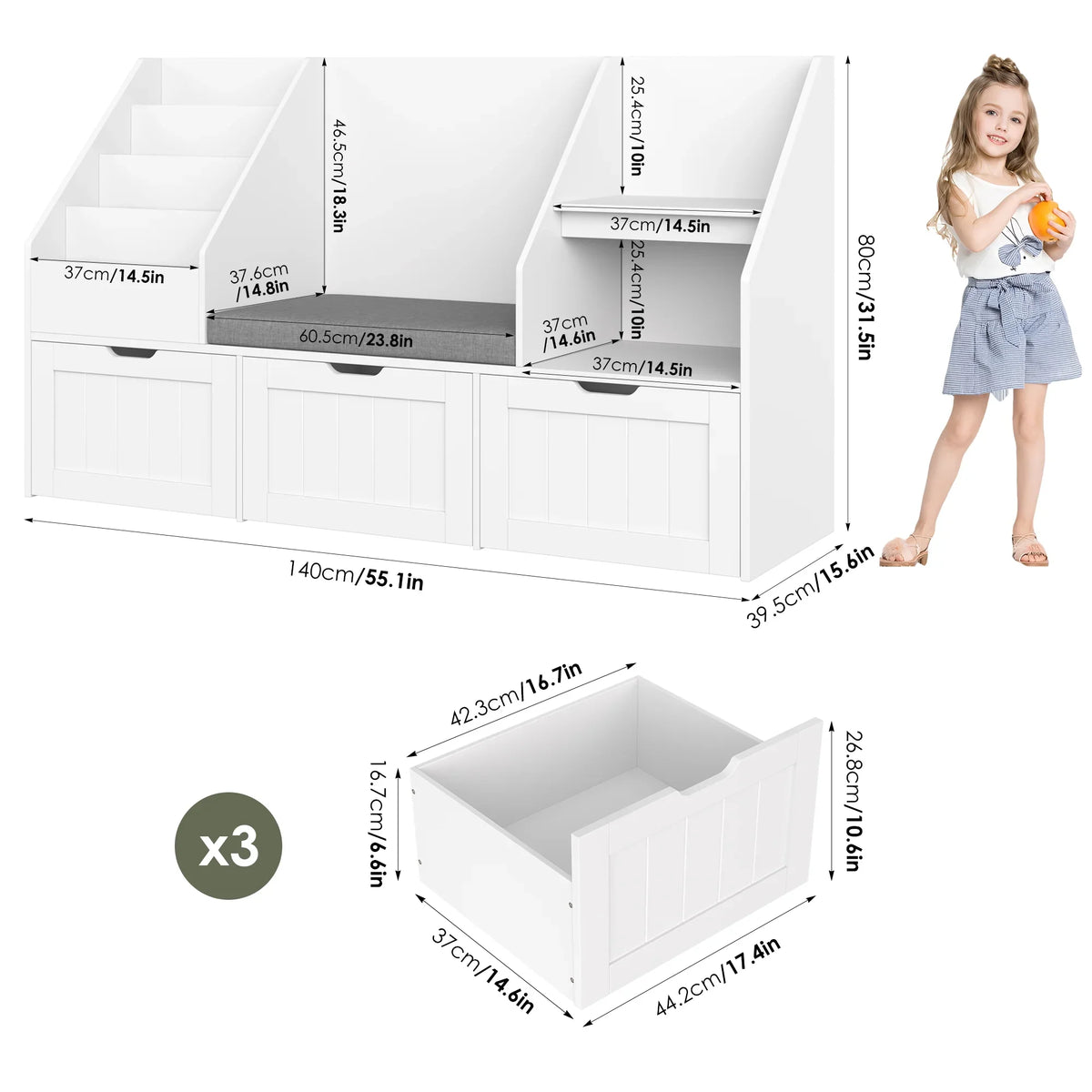 2026 NewHomfa Kids Bookshelf with Reading Nook & 3 Movable Drawers, 2 Cube Bookcase with 4-Tier Book Racks, Toy Storage Organizer for Playroom Bedroom, White