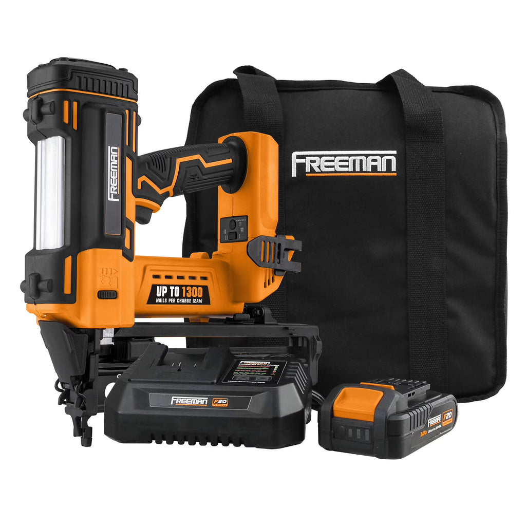 Freeman PE20VFN64 20 Volt Cordless 16-Gauge 2-1/2" Straight Finish Nailer Kit with Lithium Ion Battery, Charger, Bag, and Nails (200 Count) -C 1300 Shots per Charge