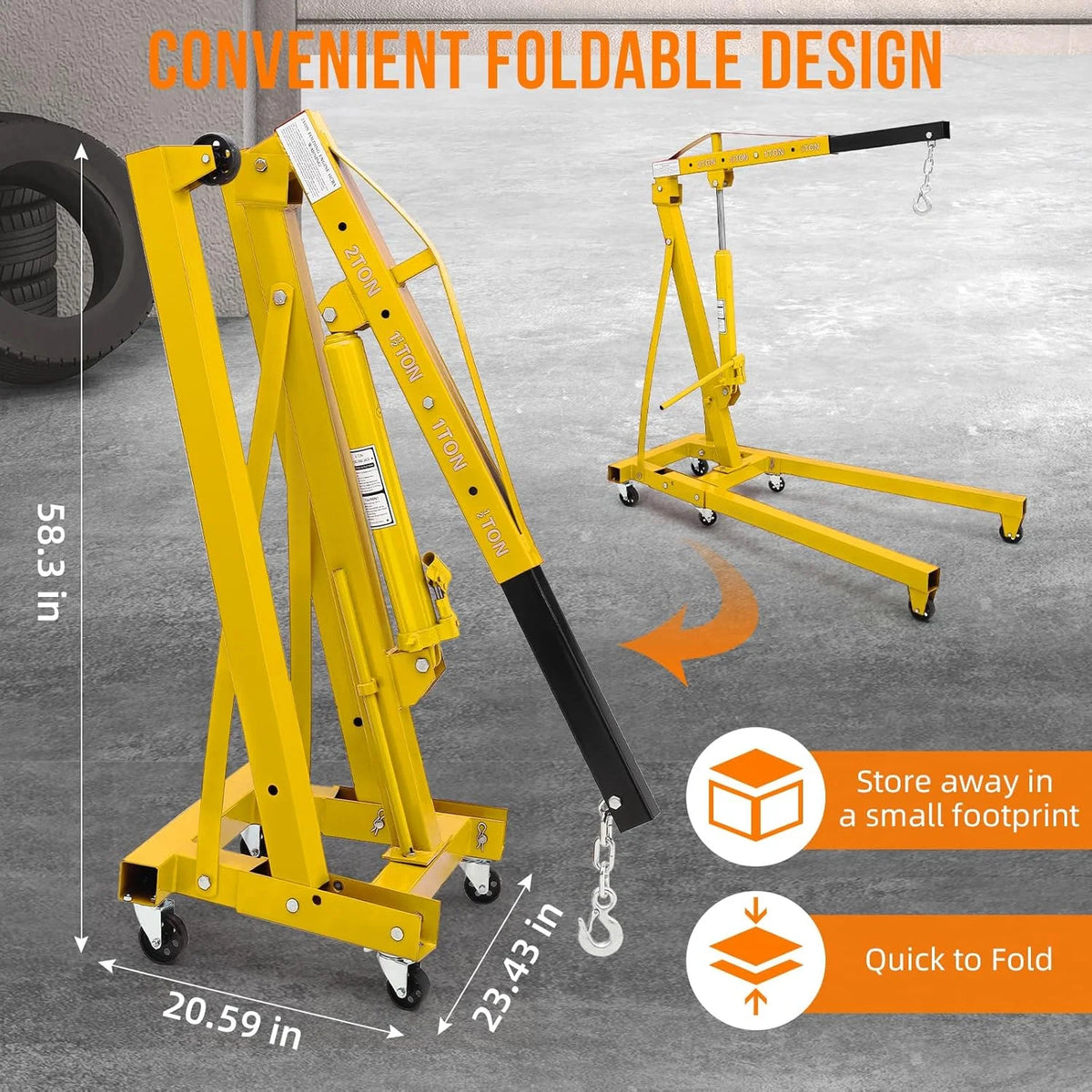 JoanKaren 2 Ton Folding Hydraulic Engine Hoist,Heavy-Duty Engine Shop Crane Hoist Lift,Heavy Cherry Picker with 6 Wheels,Yellow