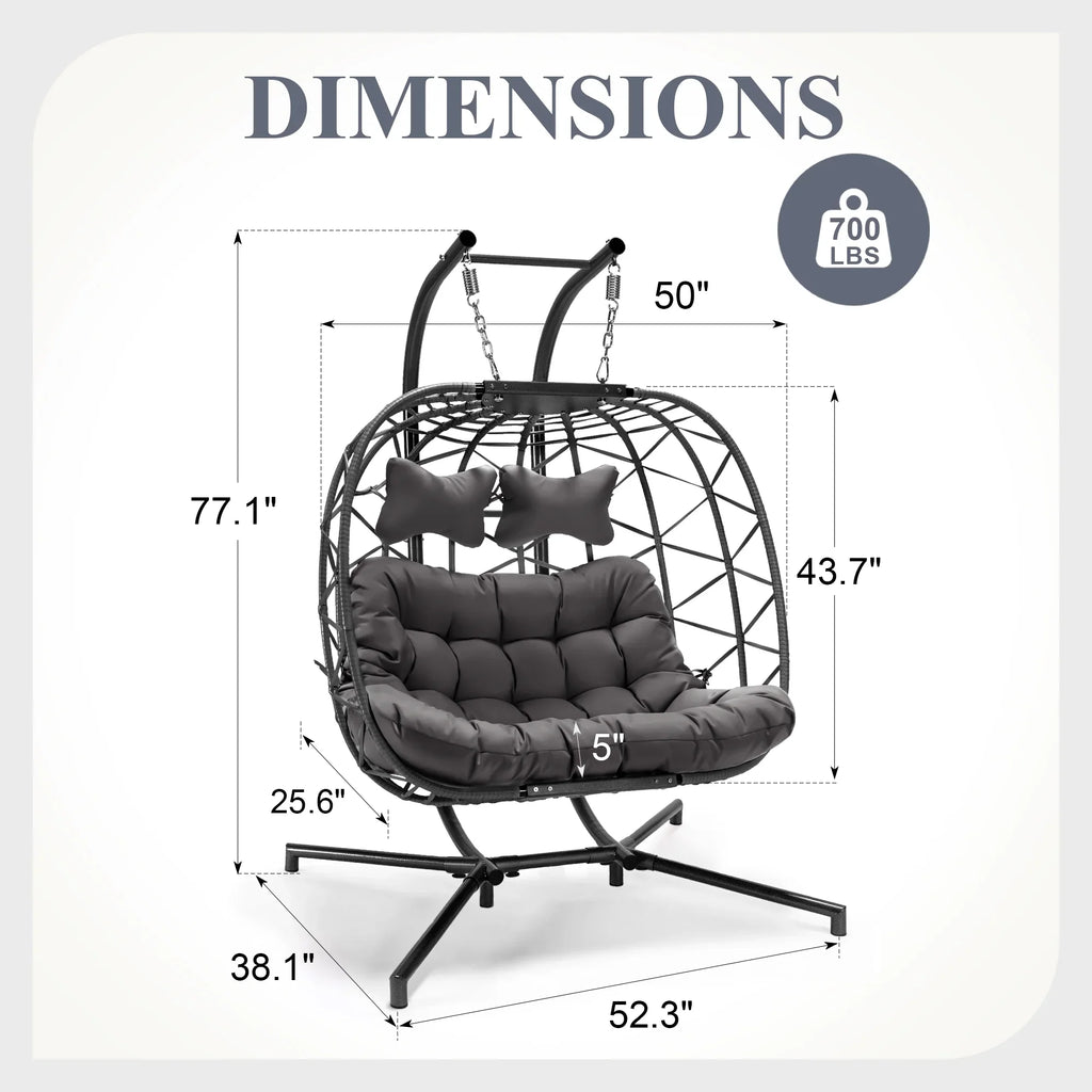 2026 NewRADIATA Double Wicker Egg Swing Chair with Stand, 2-Person Hanging Egg Chair for Indoor/Outdoor, 700lbs Capacity, Thick Cushions & Headrest,Sturdy Metal Frame"Dark Gray