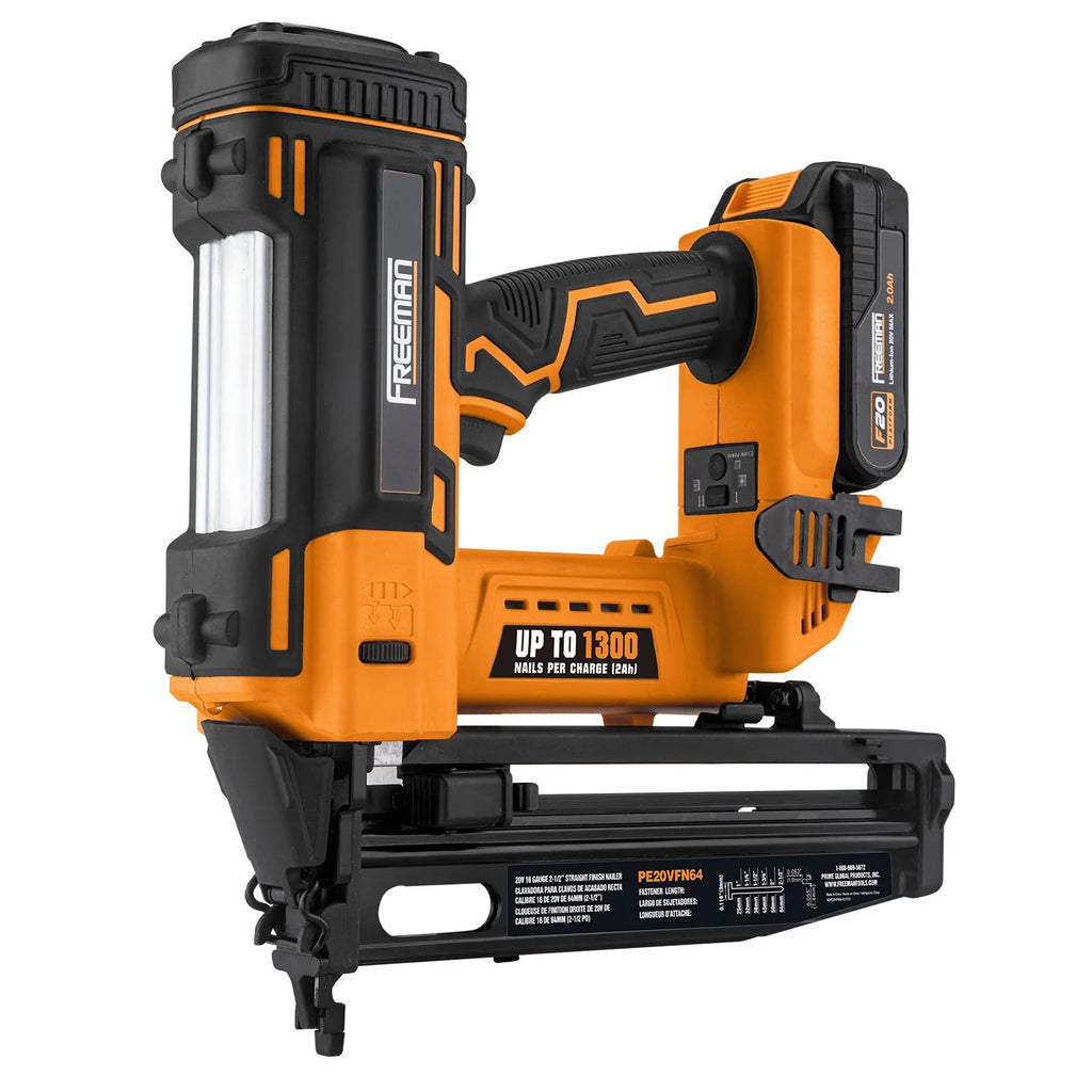 Freeman PE20VFN64 20 Volt Cordless 16-Gauge 2-1/2" Straight Finish Nailer Kit with Lithium Ion Battery, Charger, Bag, and Nails (200 Count) -C 1300 Shots per Charge