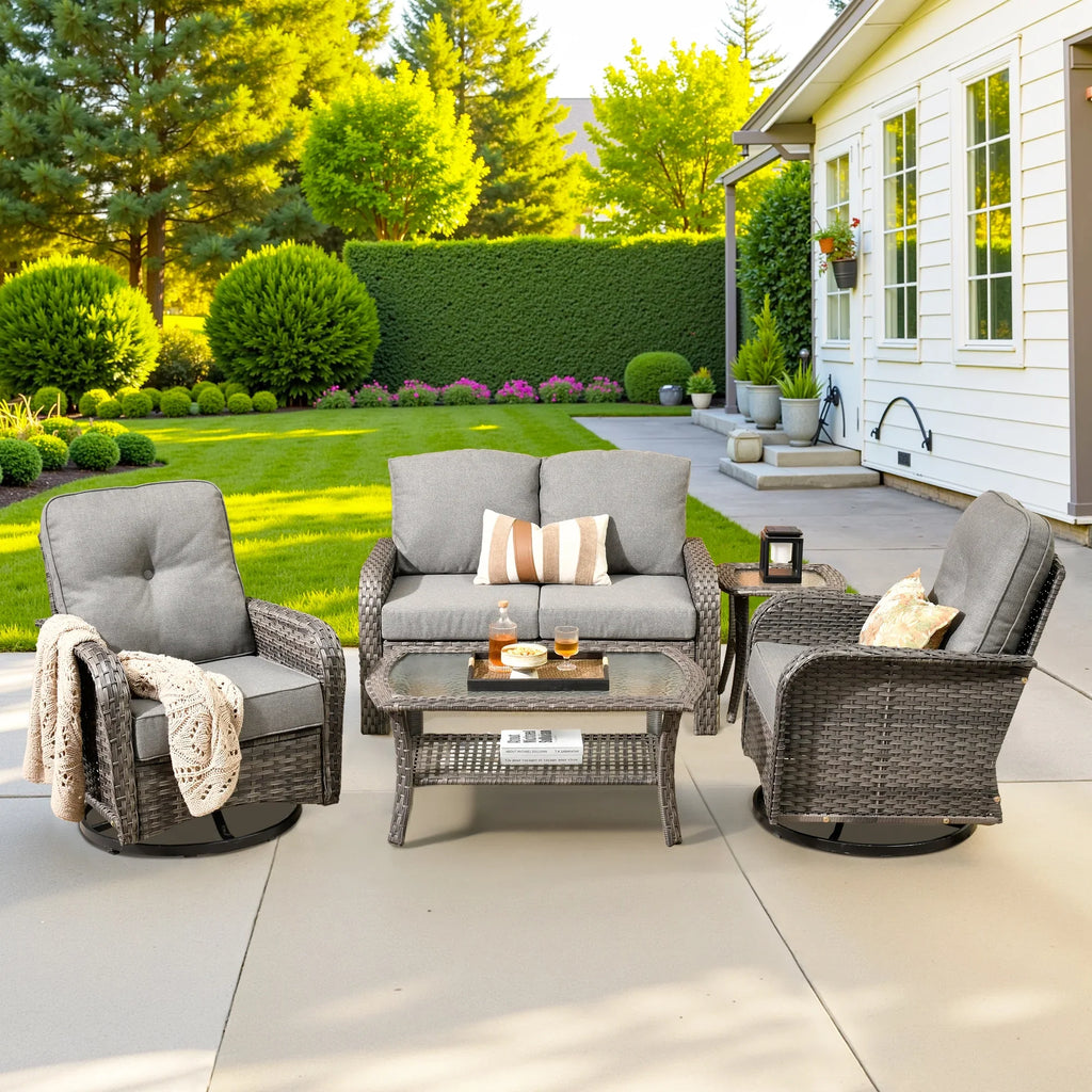 2026 NewOvios 5 Pieces Outdoor Patio Furniture Set High Back All Weather Wicker Conversation Set with Swivel Chairs & Coffee Table, Dark Gray