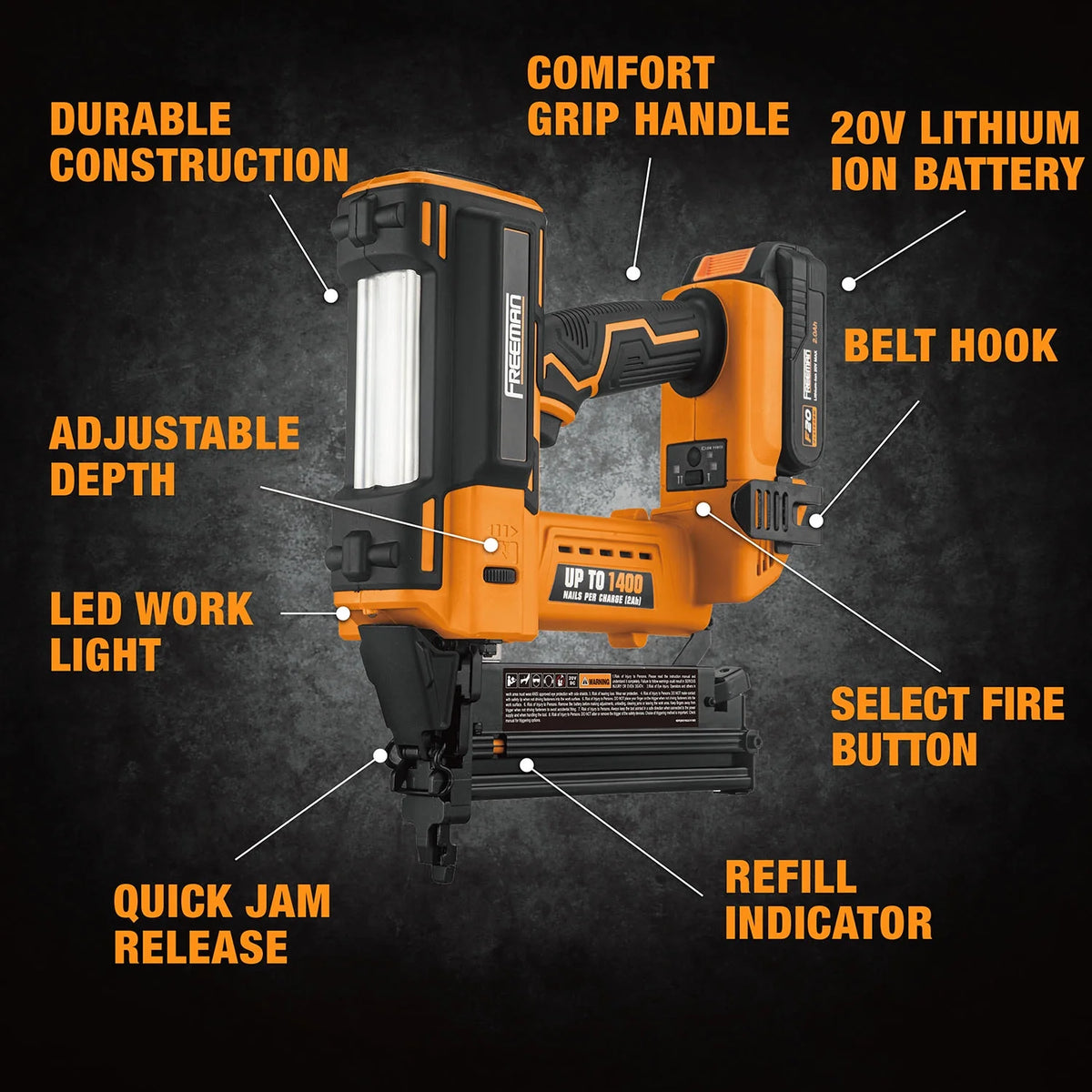 Freeman PE20V2118G2 20 Volt Cordless 2-in-1 18-Gauge Nailer / Stapler Kit with Lithium Ion Battery, Charger, Bag, and Fasteners (400 Count) -C 1400 Shots per Charge