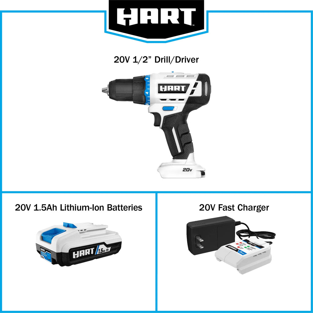 HART 20-Volt 1/2-inch Cordless Drill/Driver Kit, (1) 1.5Ah Lithium-Ion Battery, Gen 2
