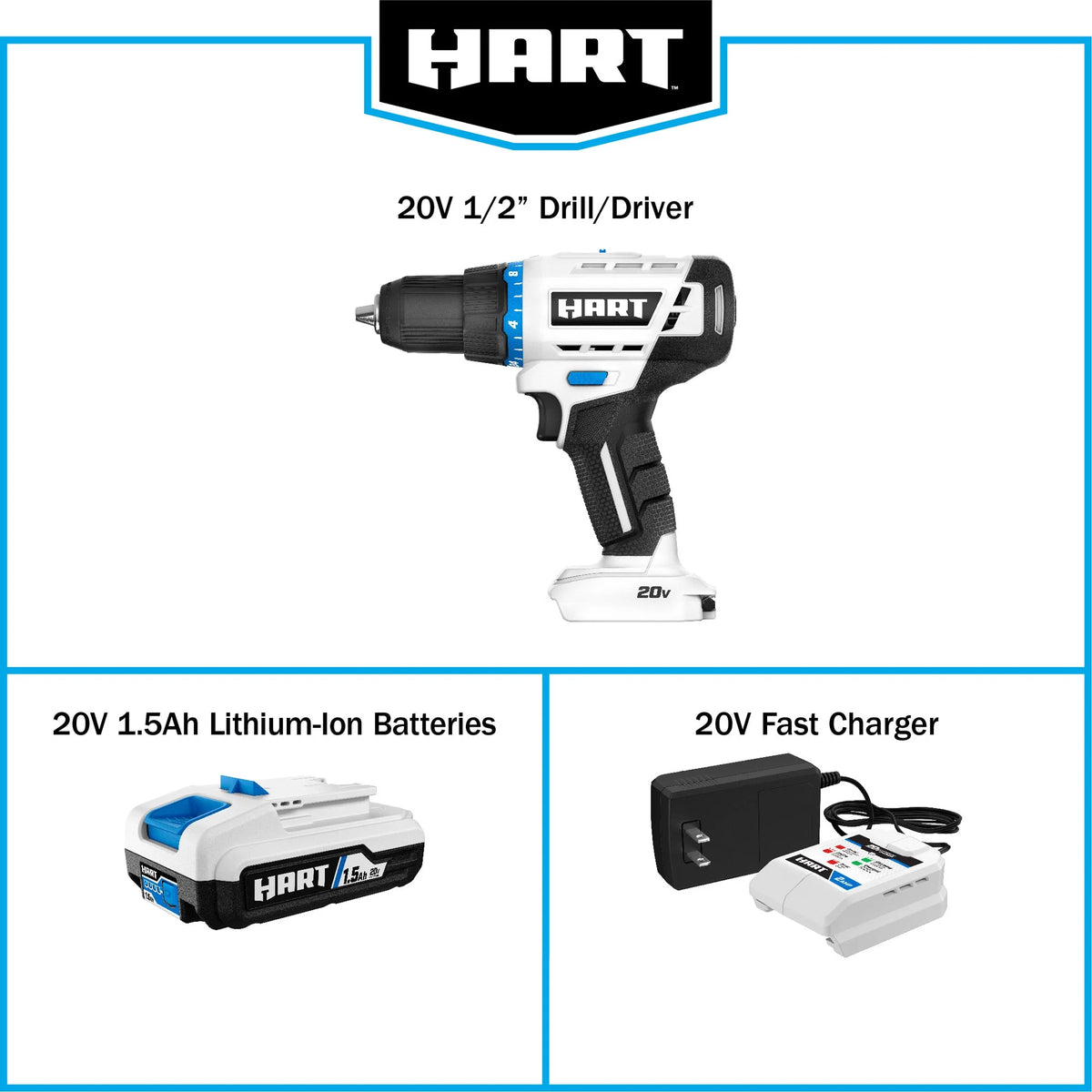 HART 20-Volt 1/2-inch Cordless Drill/Driver Kit, (1) 1.5Ah Lithium-Ion Battery, Gen 2