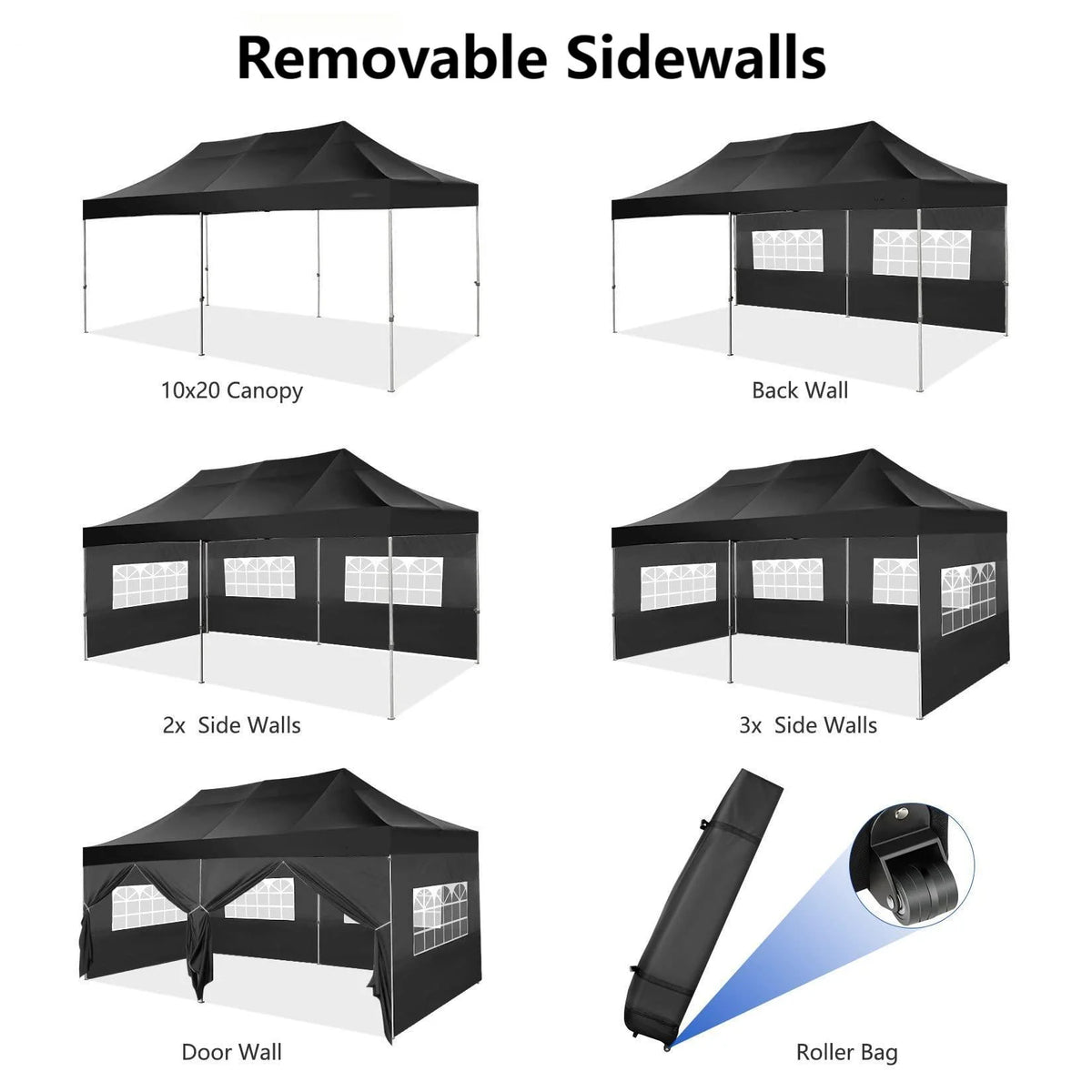 COBIZI 10x20 Heavy Duty Pop up Canopy Tent with 6 sidewalls Easy Up Commercial Outdoor Canopy Wedding Party Tent for Beach All Season Wind & Waterproof Gazebo with Roller Bag,Black(Frame Thickened)