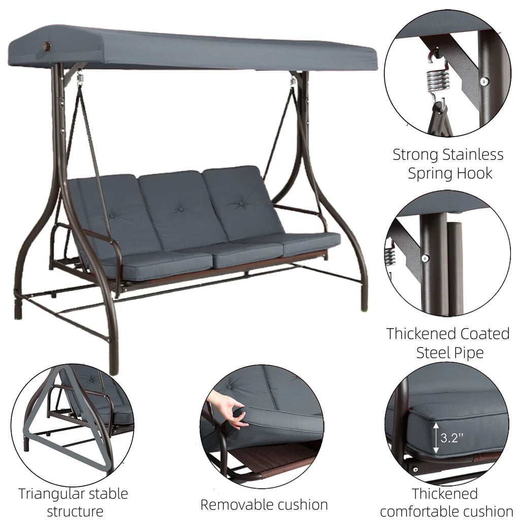 2026 NewArlopu 3 Person Porch Swing Outdoor Converting Canopy Swing Glider with Canopy