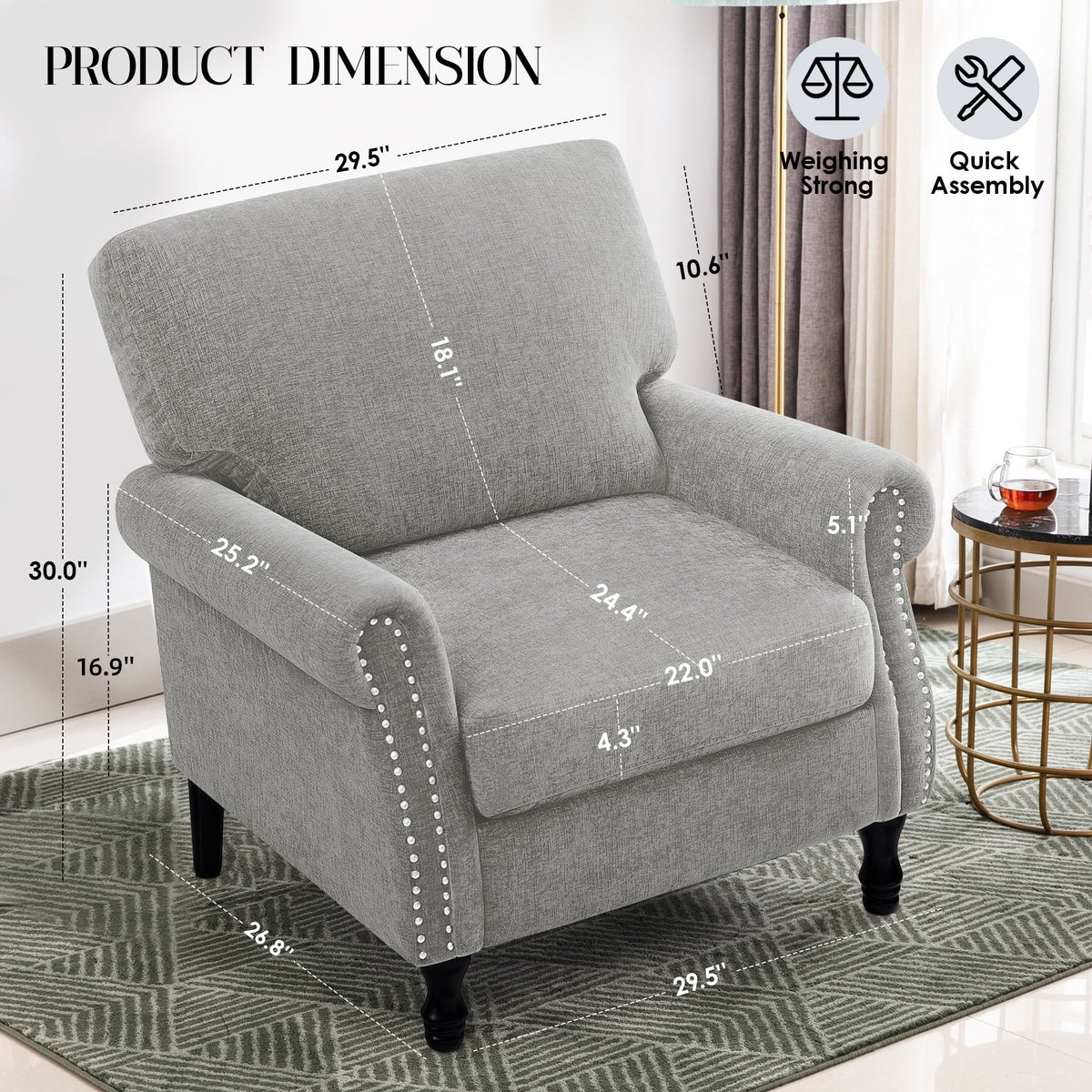2026 NewCOOLHUT Modern Accent Chair Armchair, Linen Fabric Upholstered Comfy Single Sofa with Solid Wood Frame for Living Room, Gray