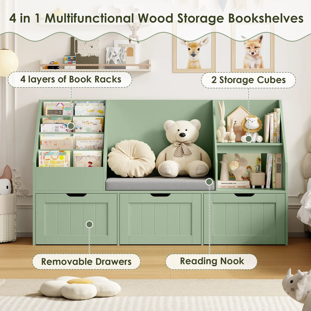 2026 NewHomfa Kids Bookshelf with Reading Nook & 3 Movable Drawers, 2 Cube Bookcase with 4-Tier Book Racks, Toy Storage Organizer for Playroom Bedroom, White