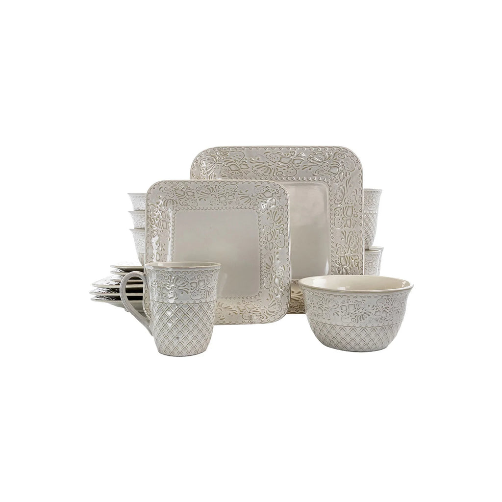 2026 NewElama Ivory Lotus 16 Piece Square Dinnerware Set