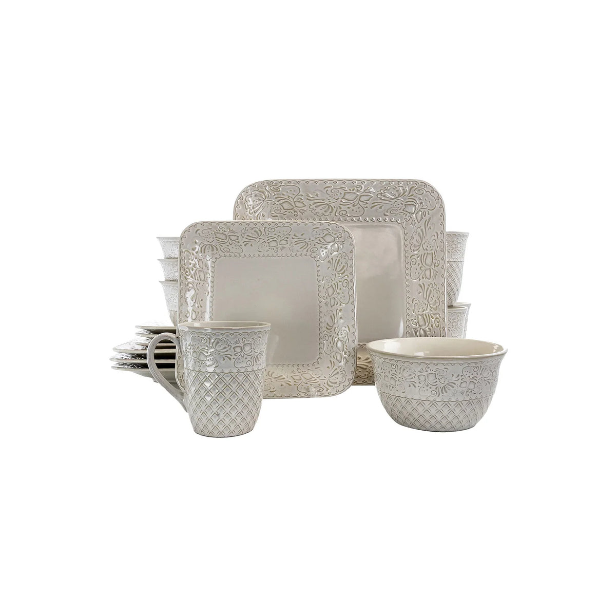 2026 NewElama Ivory Lotus 16 Piece Square Dinnerware Set