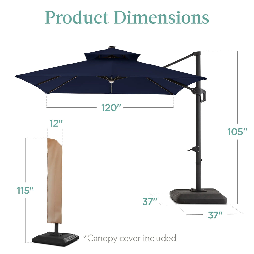 2026 NewBest Choice Products 10x10ft 2-Tier Square Outdoor Solar LED Cantilever Patio Umbrella w/ Base Included - Tan