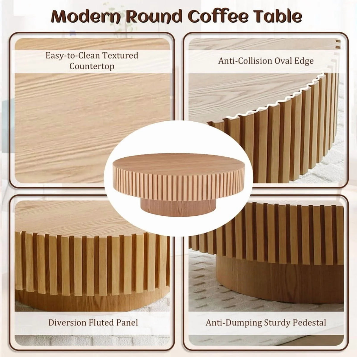 2026 NewFFH 43.7 inch Oval Coffee Table for Living Room,Handcraft Rustic Corner Coffee Table Nature Wood Relief Sturdy Pedestal for Apartmen,Side Table Centre Table,Nature Wood