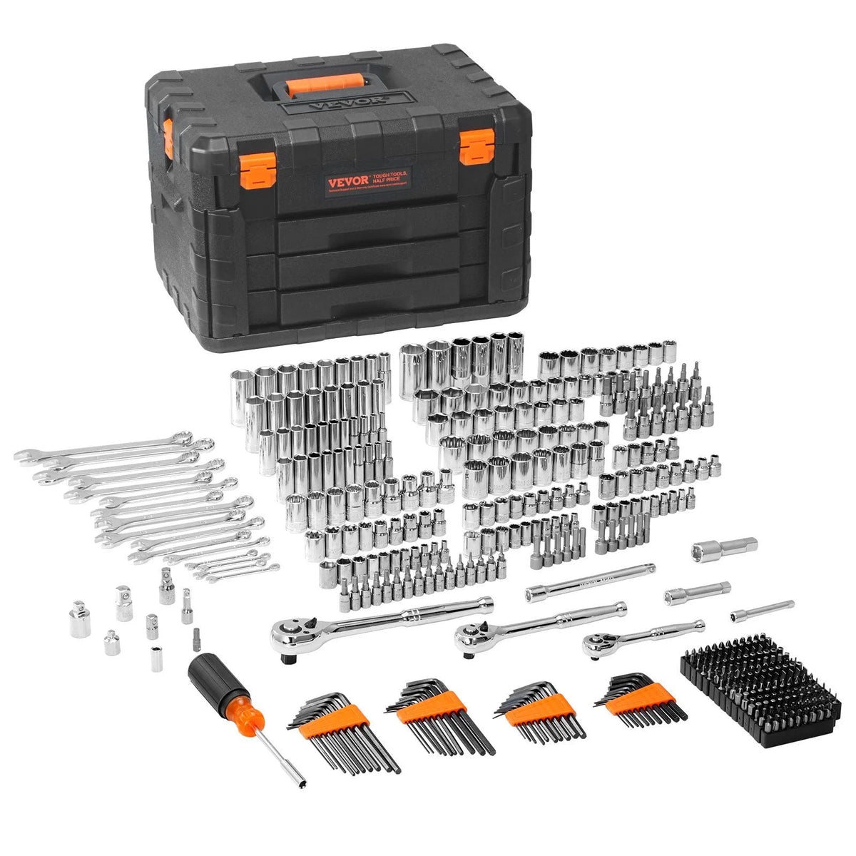450-Piece Mechanics Tool Set with 1/4", 3/8", 1/2" Drive Sockets -C SAE & Metric, Includes Wrenches, Bits, Case