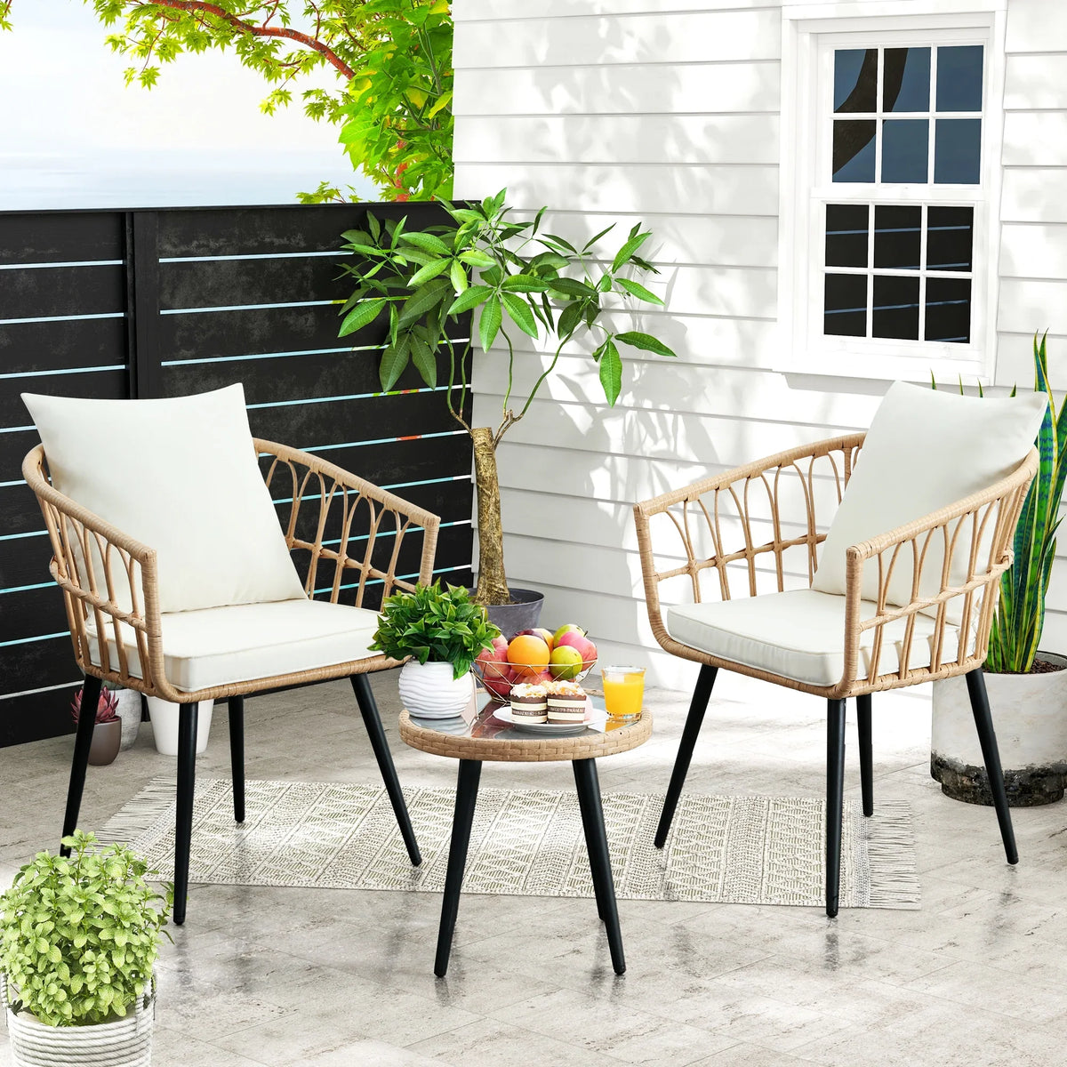 2026 NewFHFO 3 Piece Patio Bistro Set, Outdoor Wicker Apartment Balcony Furniture Sets, Rattan Table and Chairs Set of 2 for Porch Backyard Lawn Poolside Deck, Beige