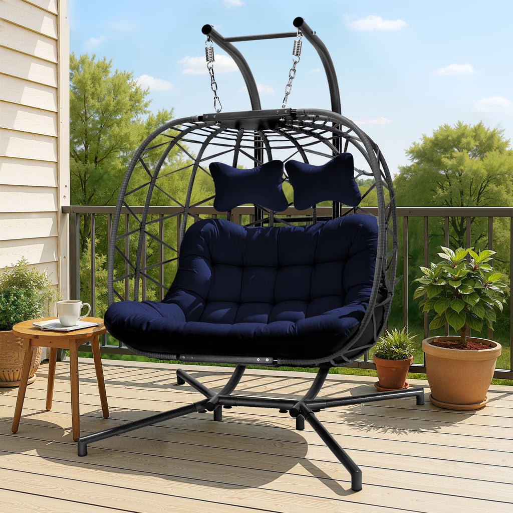 2026 NewRADIATA Double Wicker Egg Swing Chair with Stand, 2-Person Hanging Egg Chair for Indoor/Outdoor, 700lbs Capacity, Thick Cushions & Headrest,Sturdy Metal Frame"Dark Gray