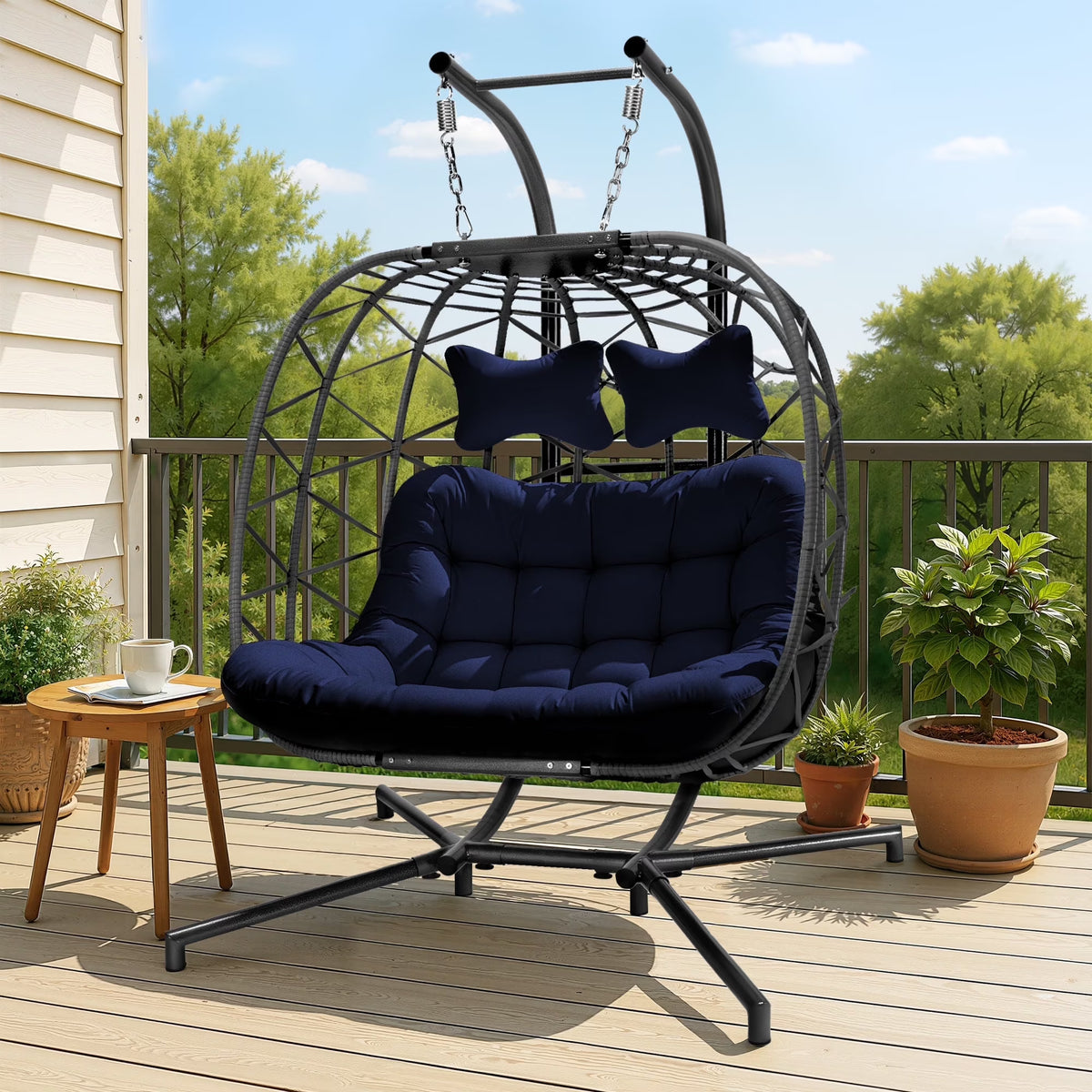 2026 NewRADIATA Double Wicker Egg Swing Chair with Stand, 2-Person Hanging Egg Chair for Indoor/Outdoor, 700lbs Capacity, Thick Cushions & Headrest,Sturdy Metal Frame"Dark Gray