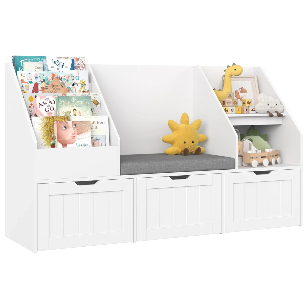 2026 NewHomfa Kids Bookshelf with Reading Nook & 3 Movable Drawers, 2 Cube Bookcase with 4-Tier Book Racks, Toy Storage Organizer for Playroom Bedroom, White