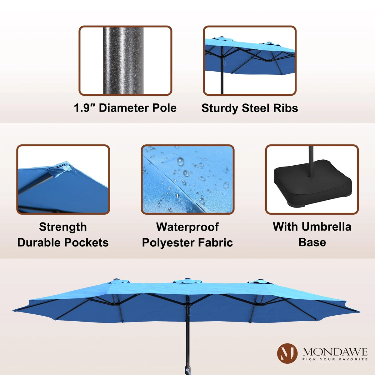 2026 NewMondawe 15ft Patio Umbrella Rectangular Outdoor Market Umbrella with Base and LED Lights Beige