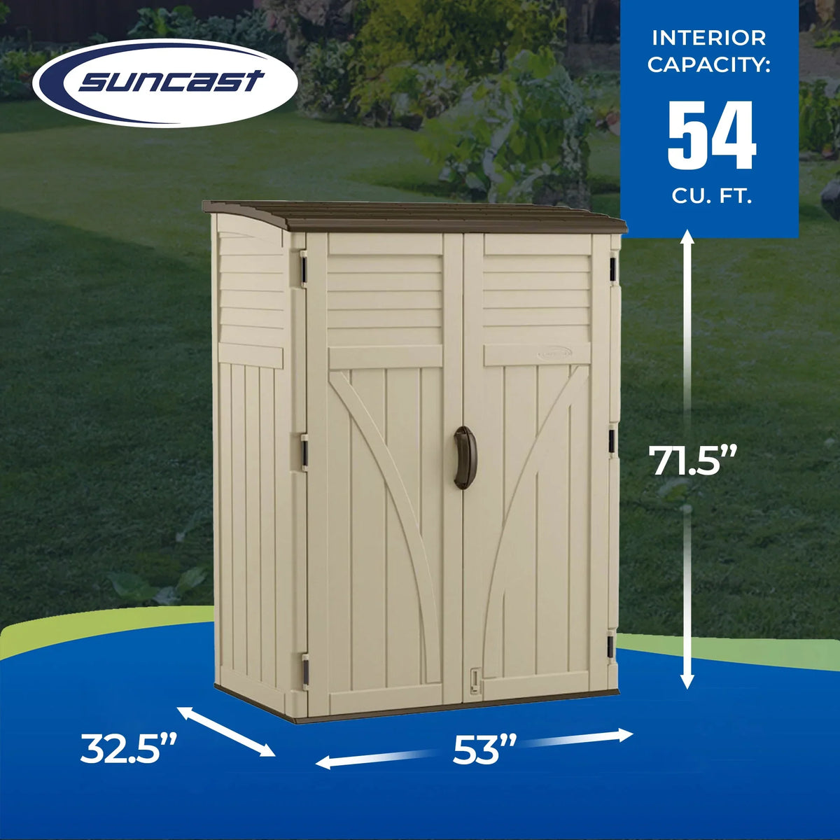 2026 NewSuncast Large Vertical Shed for Storing Oudoor Tools, & Equipment, Sand