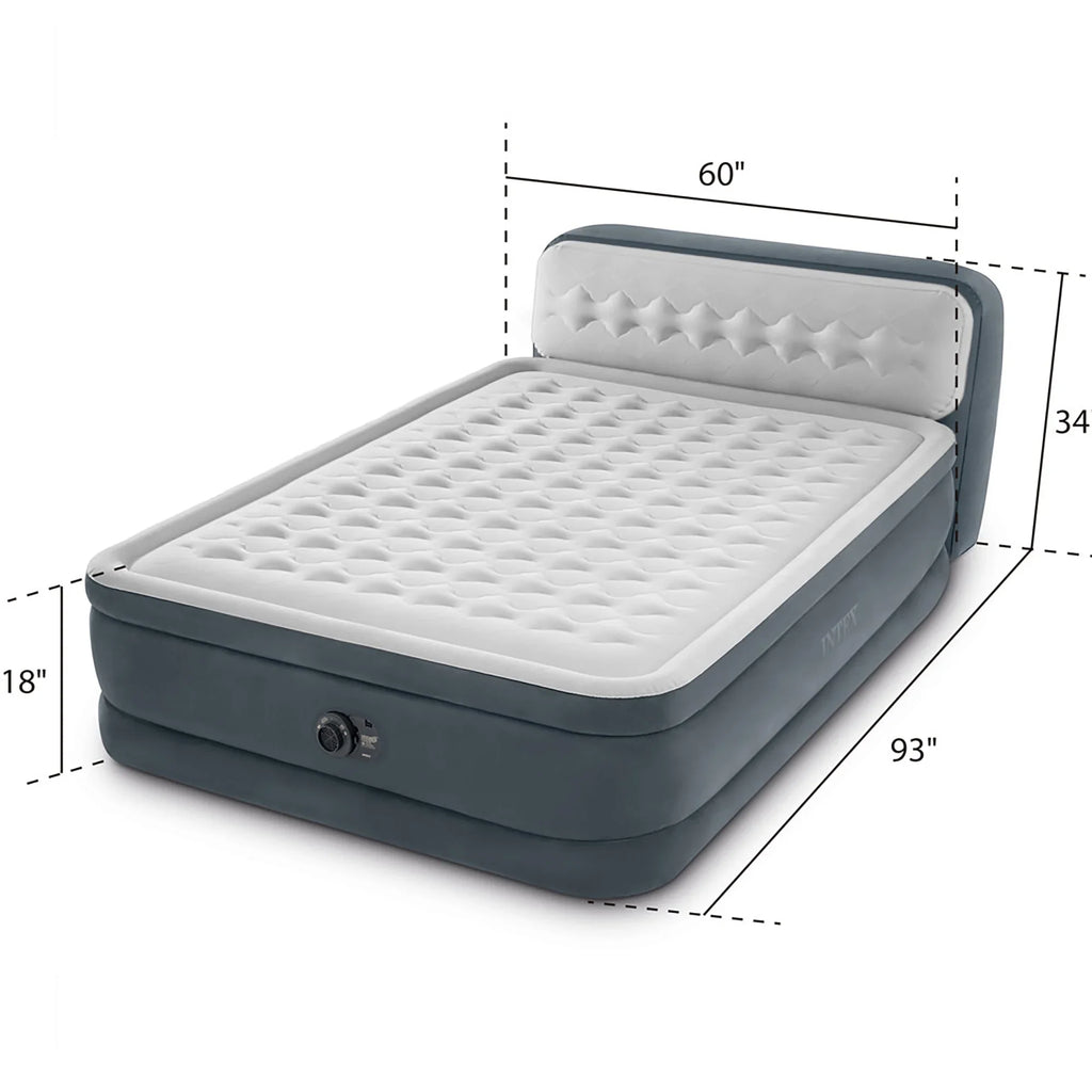 2026 NewIntex: Dura-Beam Deluxe: Ultra Plush Headboard Airbed - Queen - Gray, 18" Inflatable Mattress, Built-In Pump, Fiber-Tech, Carry Bag, 600lb Cap 64447ED
