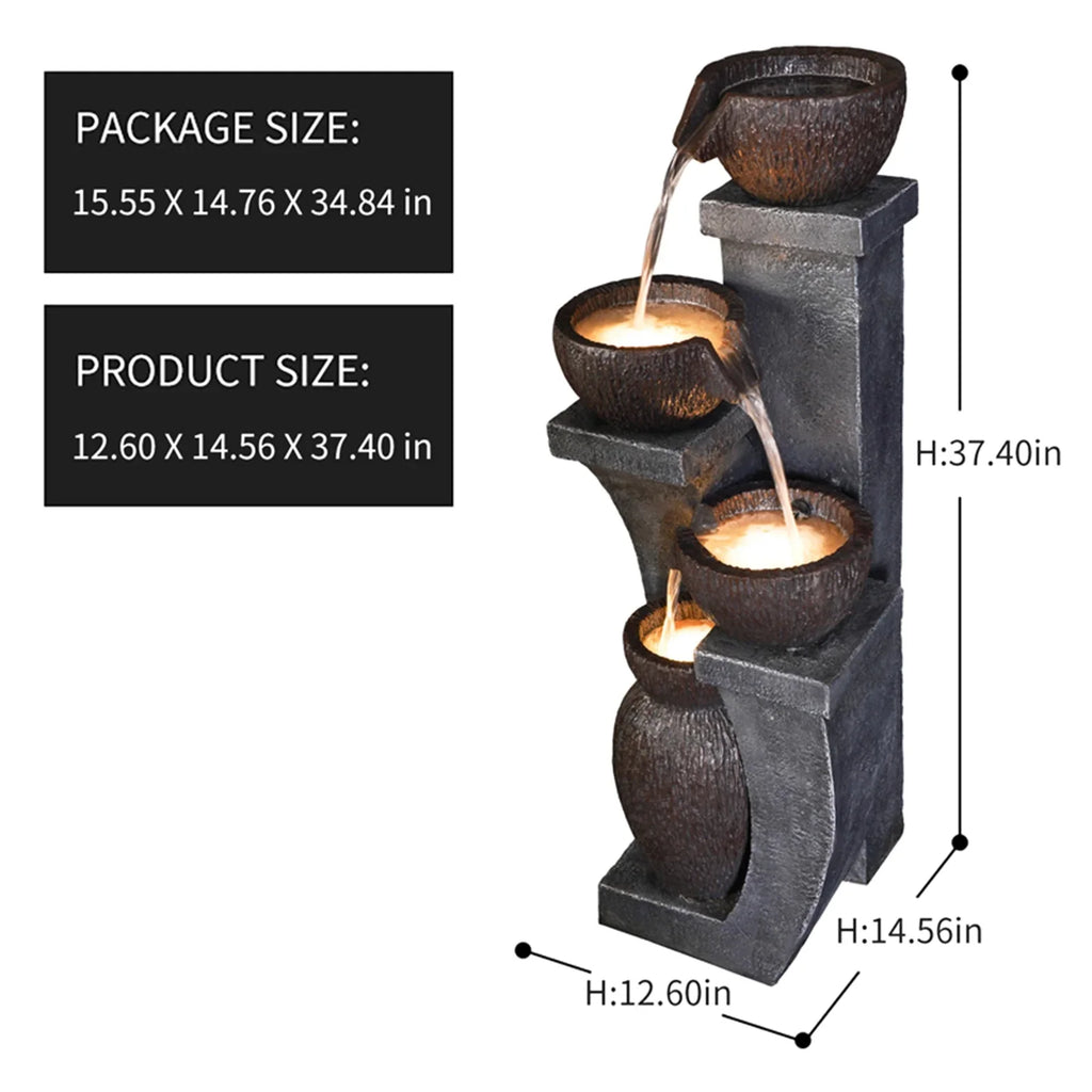 2026 New37.4" H Outdoor Water Fountain with 4 Crocks, Modern LED Lighted Garden Floor Fountain for Patios and Yards – Durable Resin Water Feature with Cascading Waterfall Design for Indoor/Outdoor Decor