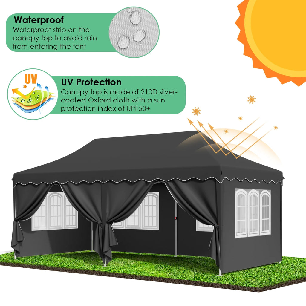 LAZY BUDDY 10'x20' Pop up Canopy Tent with 6 Sidewalls, Heavy Duty Outdoor Canopy Tent Commercial Instant Folding Sun Shelter for Party, Wedding, Camping