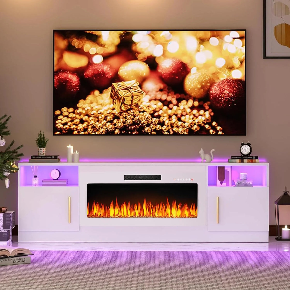 Waleaf Fireplace TV Stand with 18'' Fireplace for TVs up to 65 inch, Two Adjustable Glass Shelves