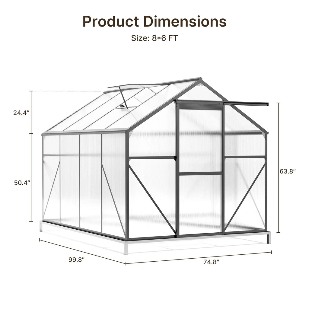 2026 NewAsofer 6' x 4' Greenhouse for Outdoors, Aluminum Walk-in Green Houses shed with Rain Gutter and Roof Vent for Backyard