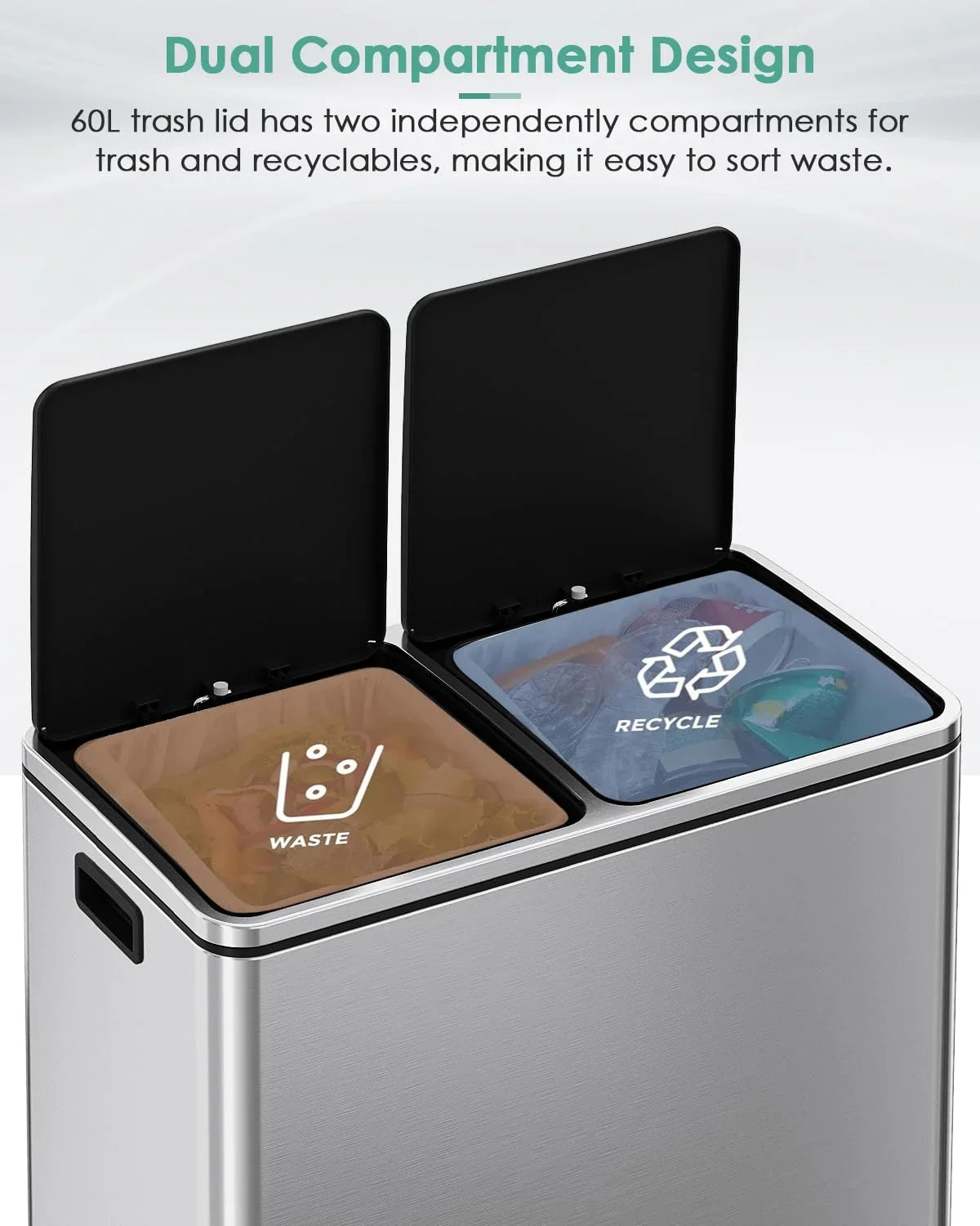 2026 NewLAZY BUDDY Dual Garbage Can, Stainless Steel 16 Gallon Step Kitchen Trash Can with Soft-Close Lid, Double Compartment Garbage Recycling Bin