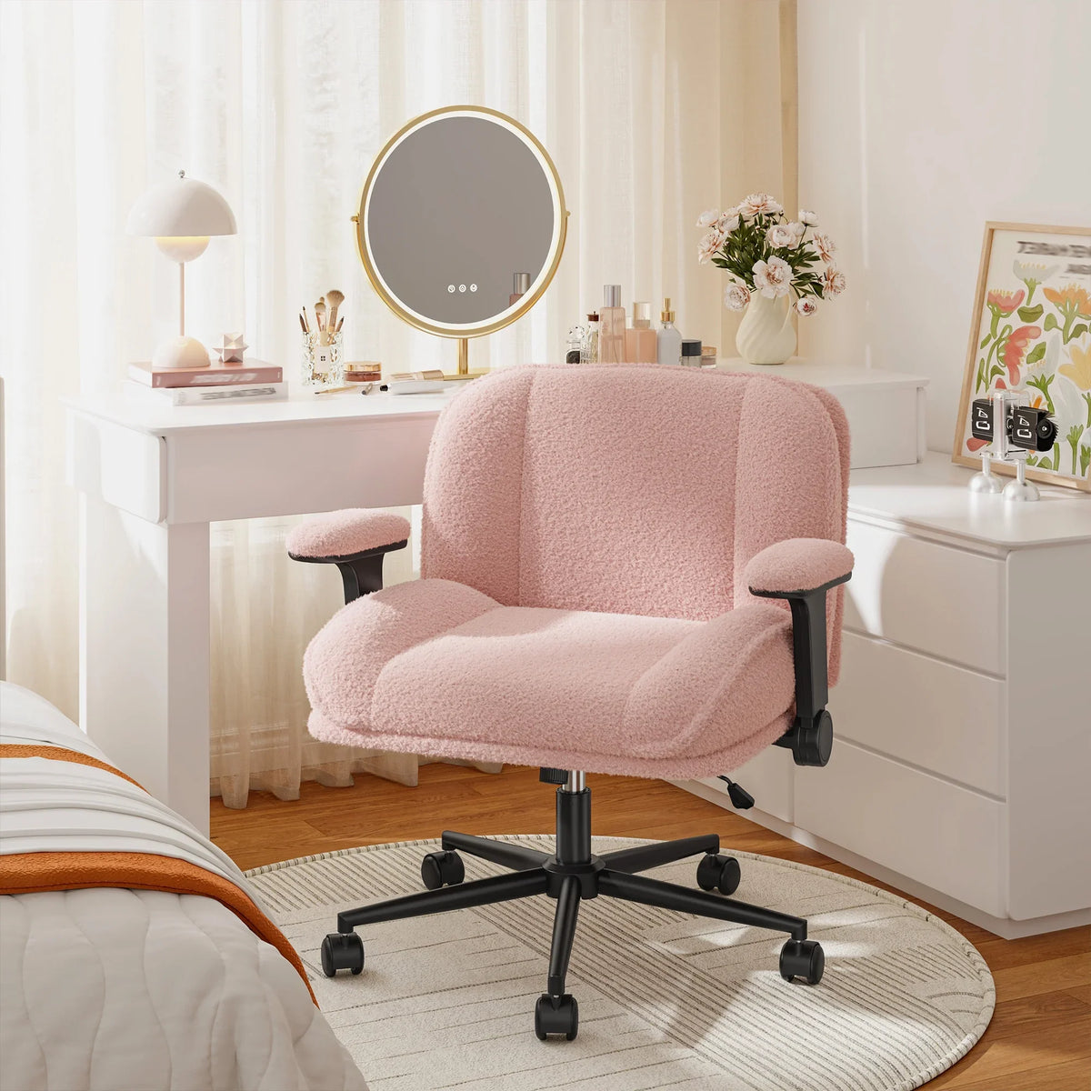 2026 NewRomorgniz Criss Cross Chair with Adjustable Arms & Lumbar Support Office Chair with Reclining Back, Thick Cushion & Wheels for Office, Gaming, Reading, Vanity, Off-White