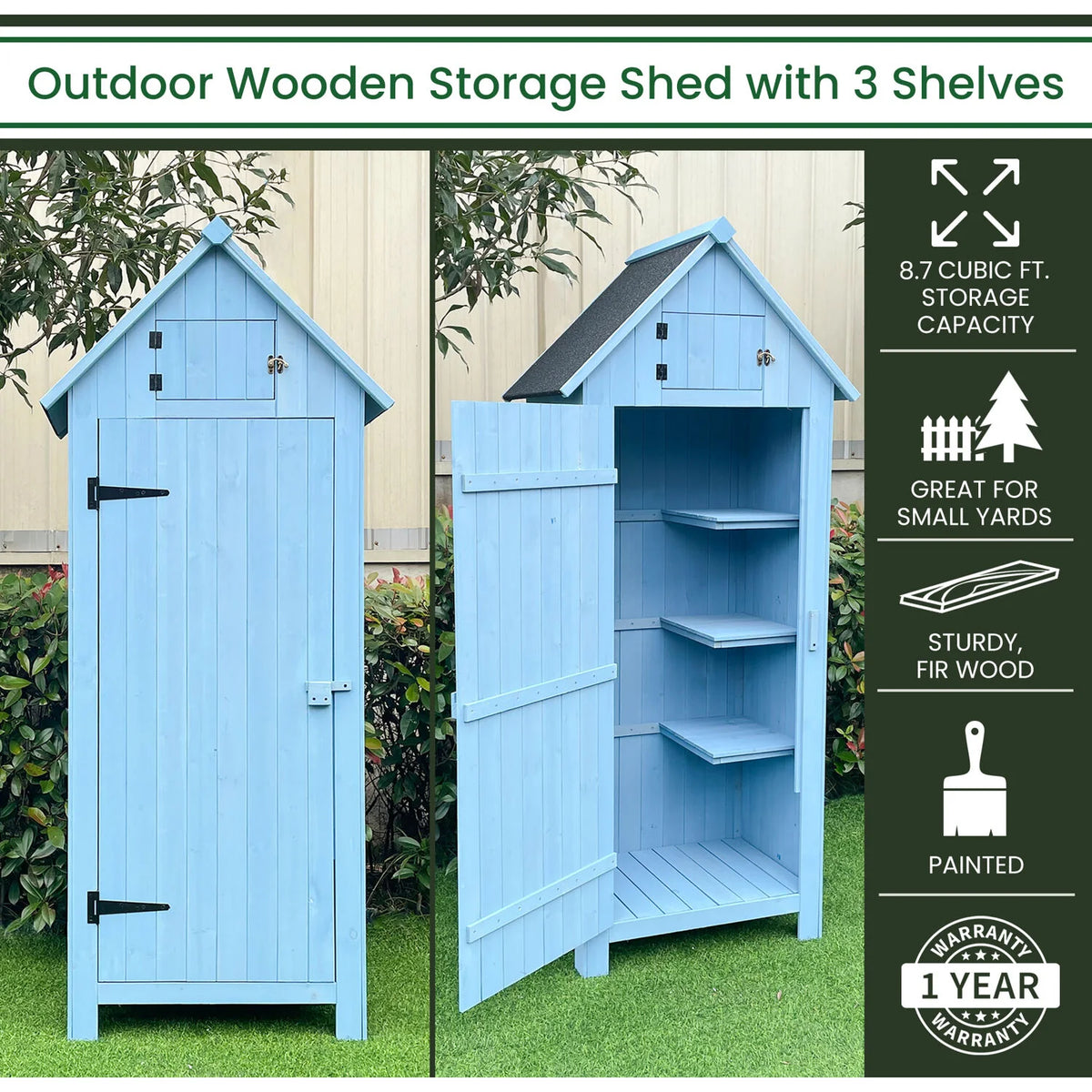 2026 NewHanover Sturdy Durable Waterproof Wood Outdoor Vertical Storage Shed, 70.40"x 30.30"x21.30", Blue